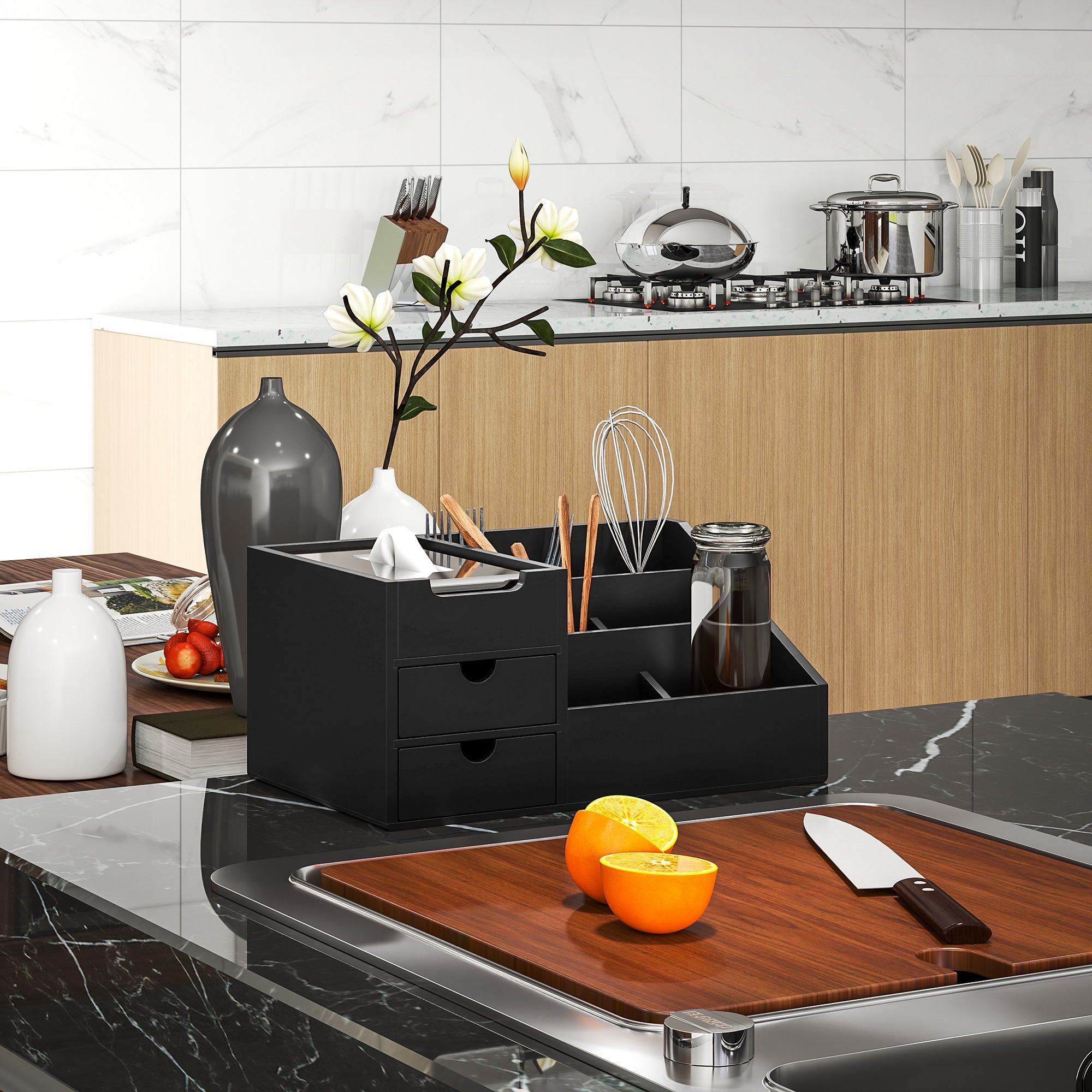 Bamboo Desktop Organizer Desk Organizer with 2 Drawers 6 Compartments and Shelf for Office Home 33x20.5x15.5 cm Black