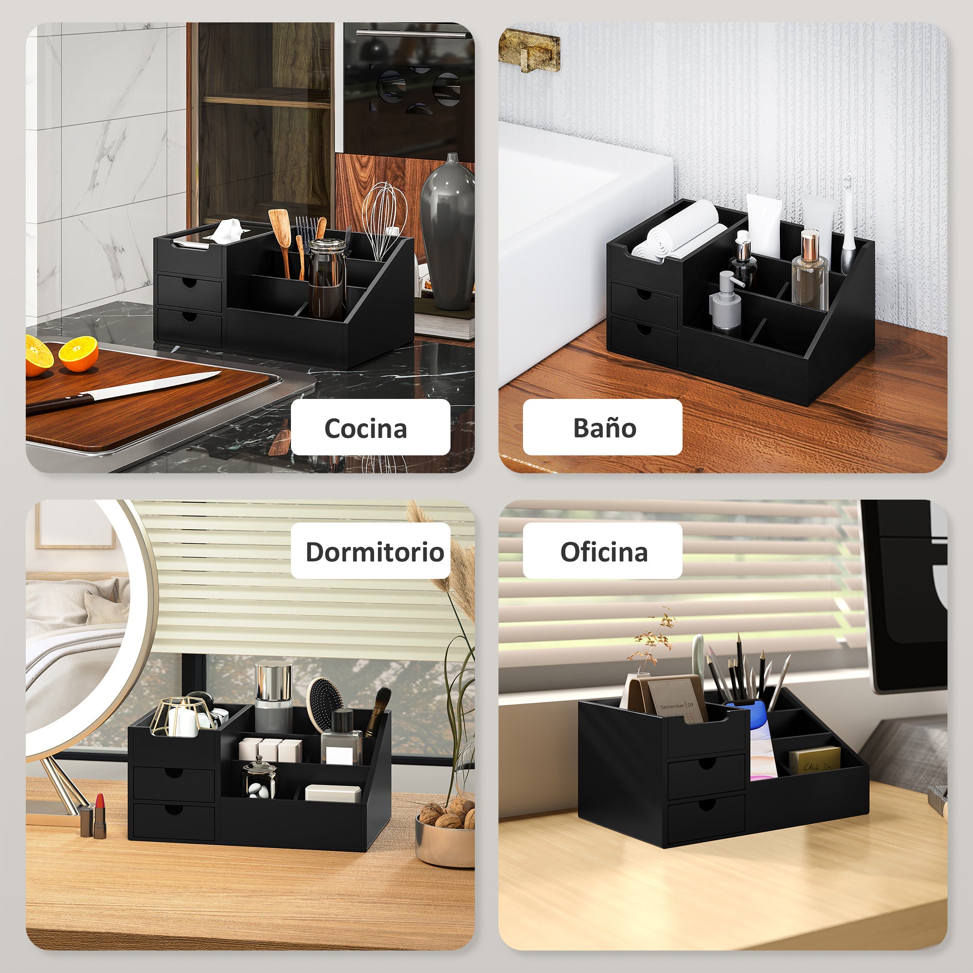 Bamboo Desktop Organizer Desk Organizer with 2 Drawers 6 Compartments and Shelf for Office Home 33x20.5x15.5 cm Black