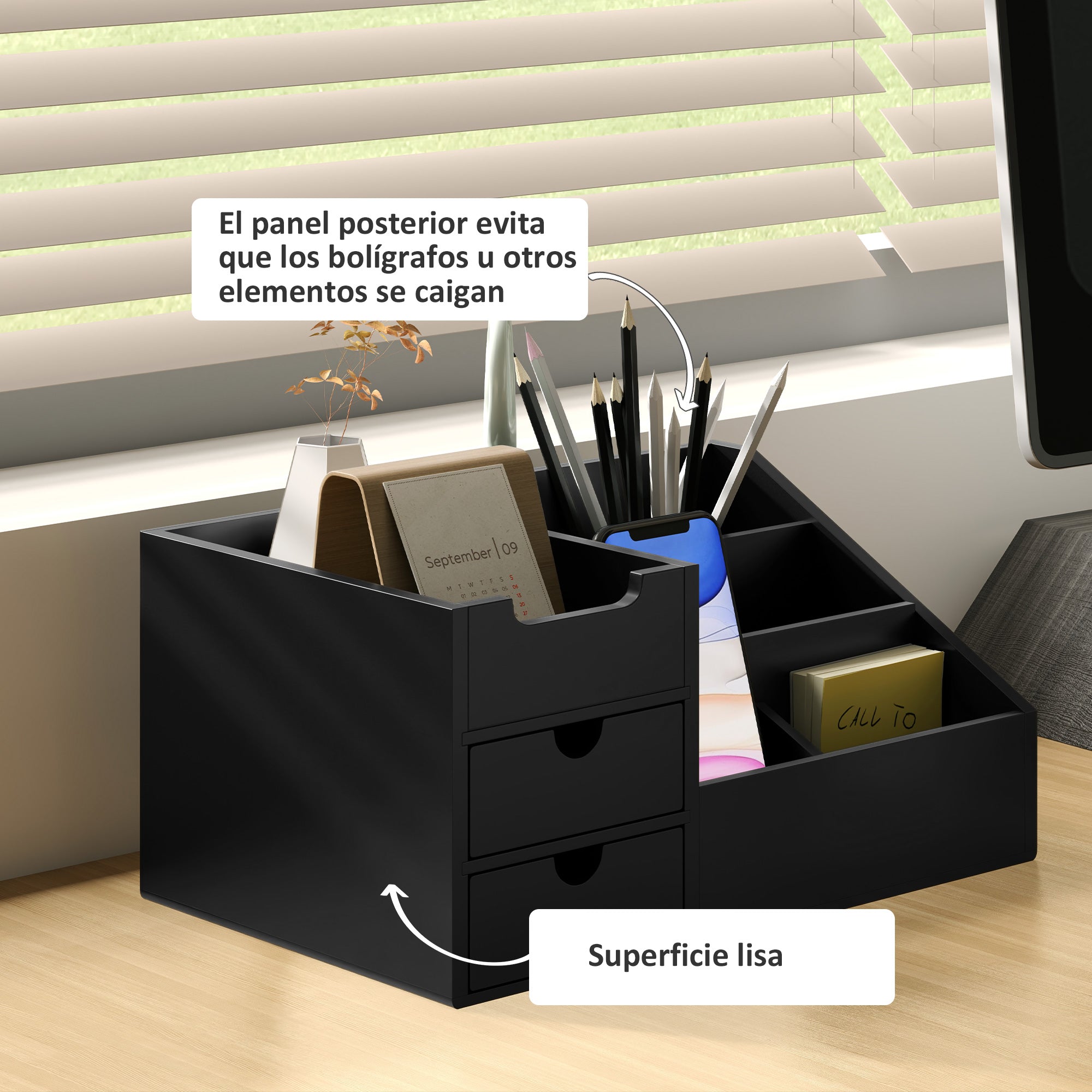 Bamboo Desktop Organizer Desk Organizer with 2 Drawers 6 Compartments and Shelf for Office Home 33x20.5x15.5 cm Black