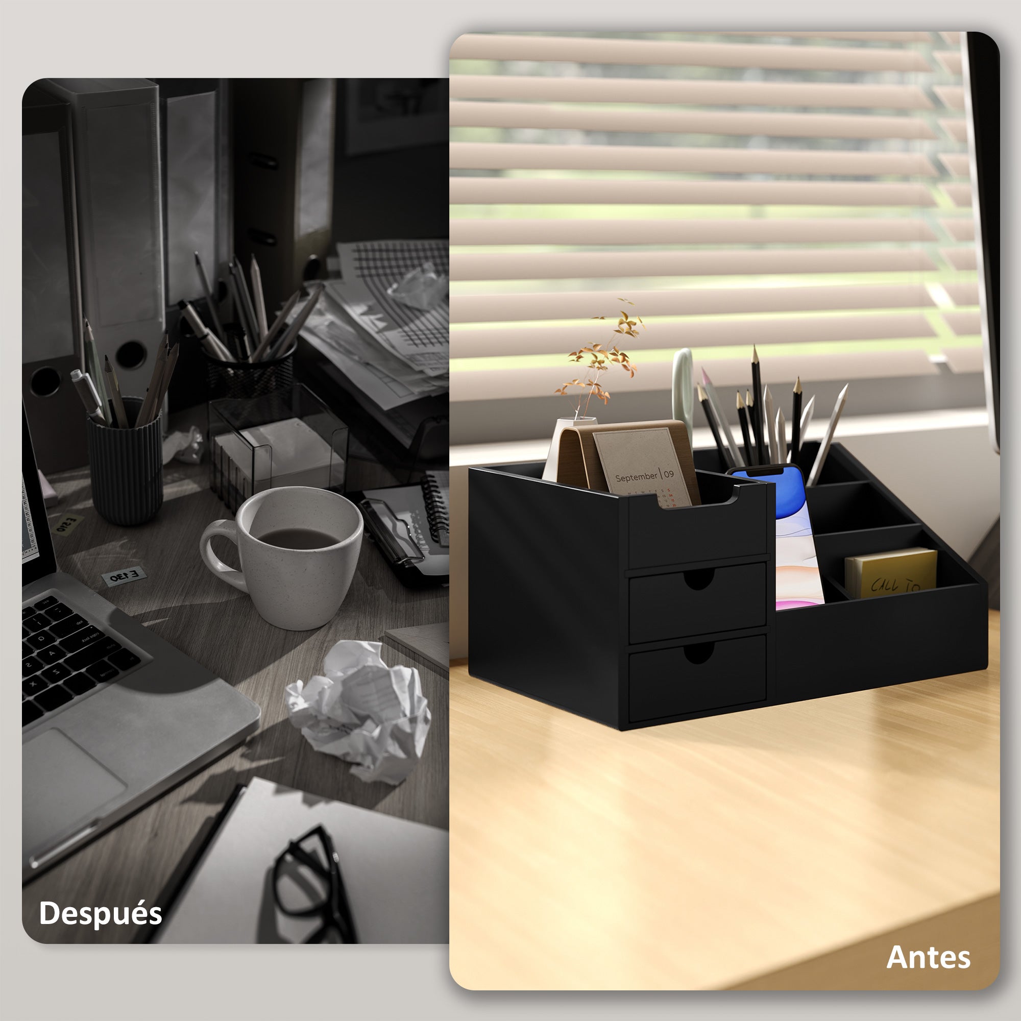 Bamboo Desktop Organizer Desk Organizer with 2 Drawers 6 Compartments and Shelf for Office Home 33x20.5x15.5 cm Black