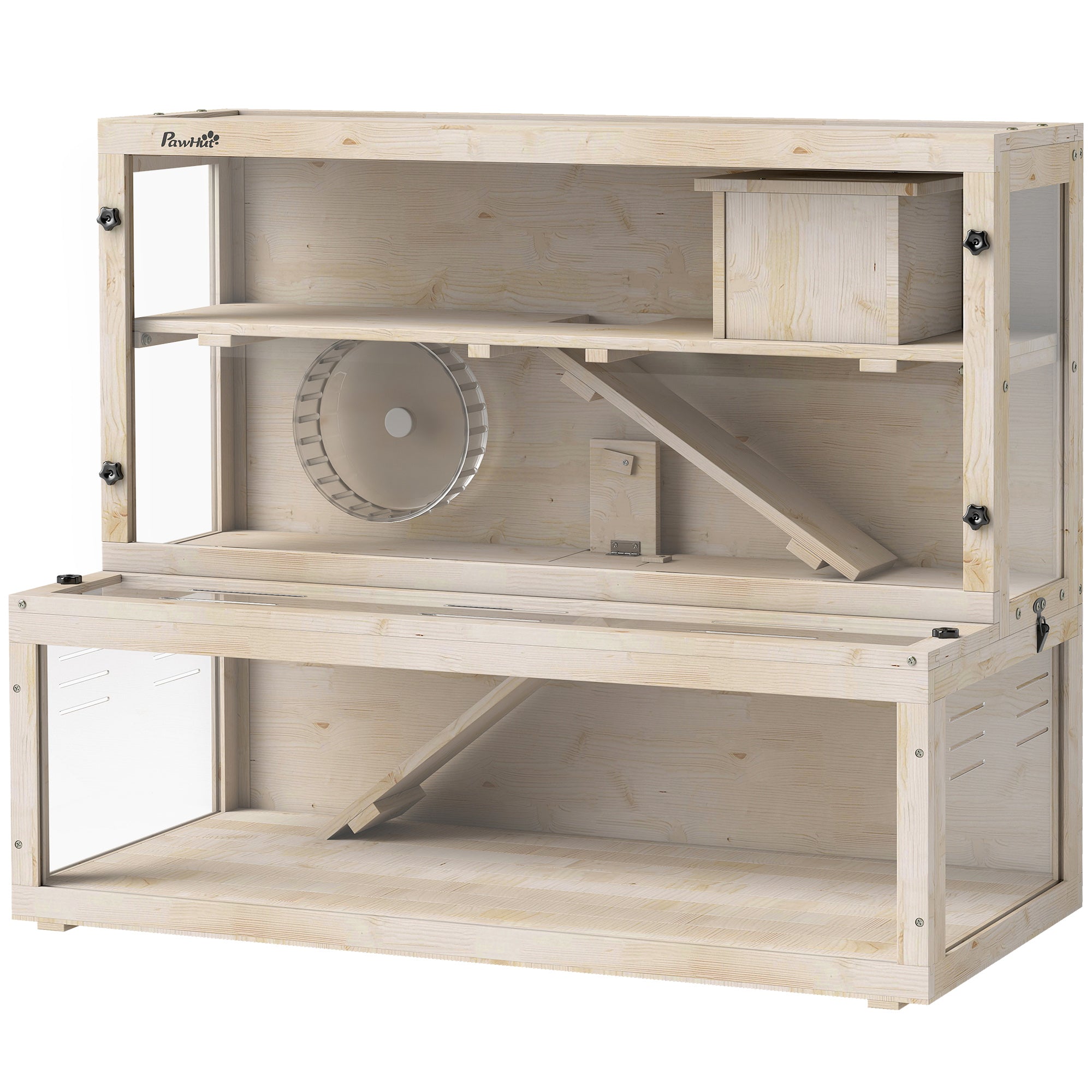 Wooden Hamster Cage, 100 x 50 x 84 cm (39.4 x 19.7 x 33.1 in) – 3-Tier Small Animal Hutch with Viewing Window, Running Wheel, Ramp & House – Natural Wood