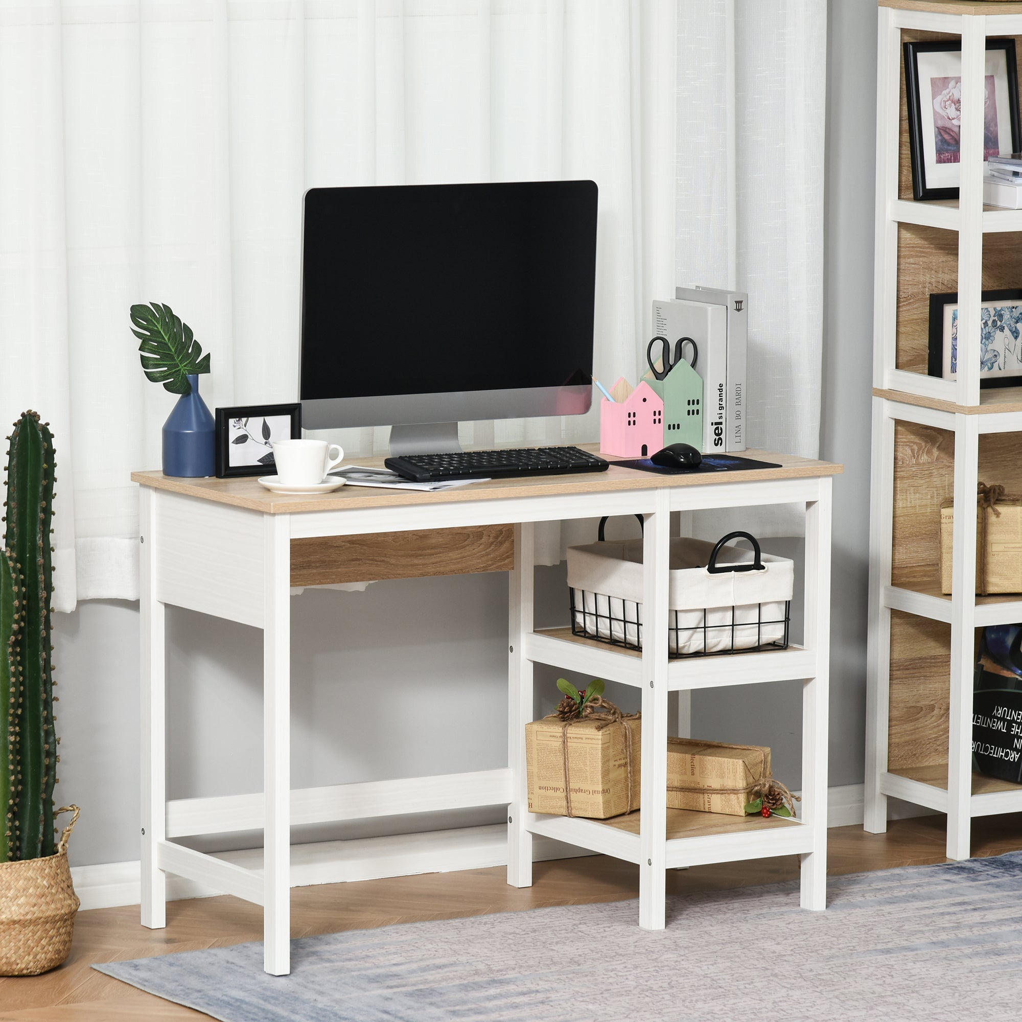Multimedia Computer Desk dim. 110L x 48W x 76H cm 2 side shelves MDF E1 Light Oak White