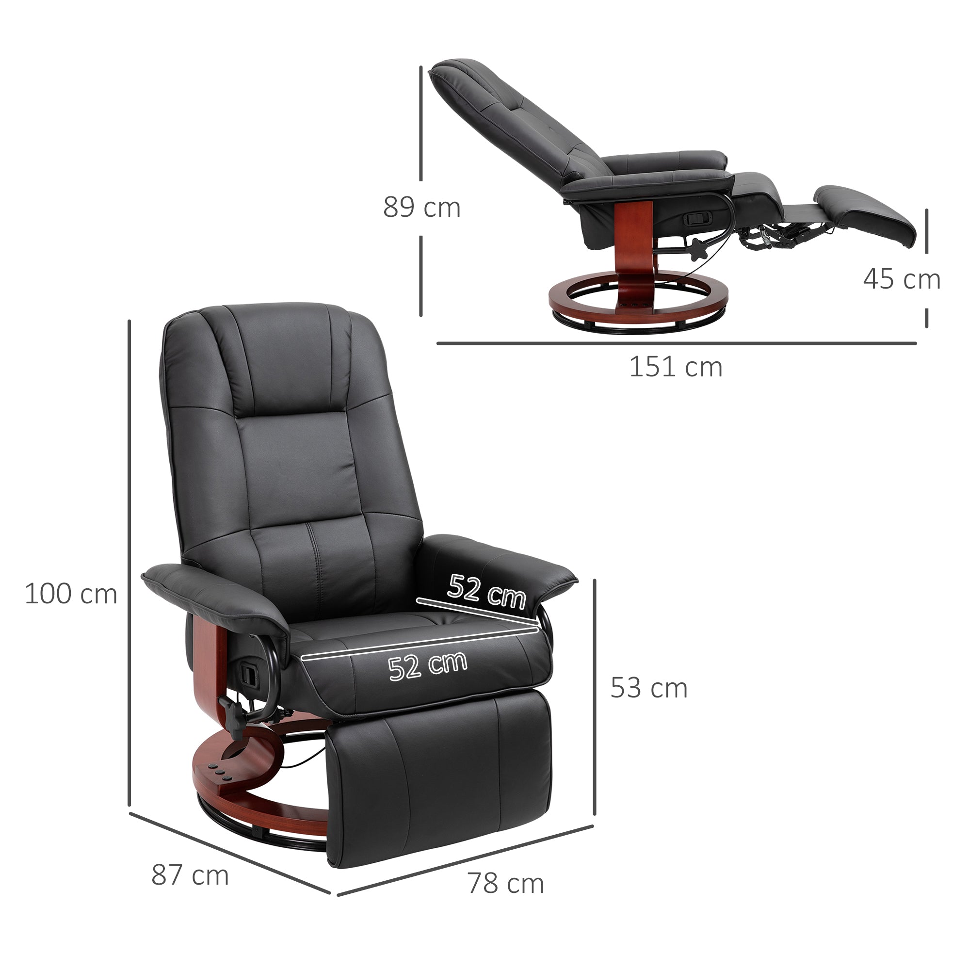 Recliner Chair Swivel TV Chair with Reclining Function, Footrest, Reclining Armchair with Armrest, Wooden Legs for Living Room, Bedroom, Faux Leather, Black