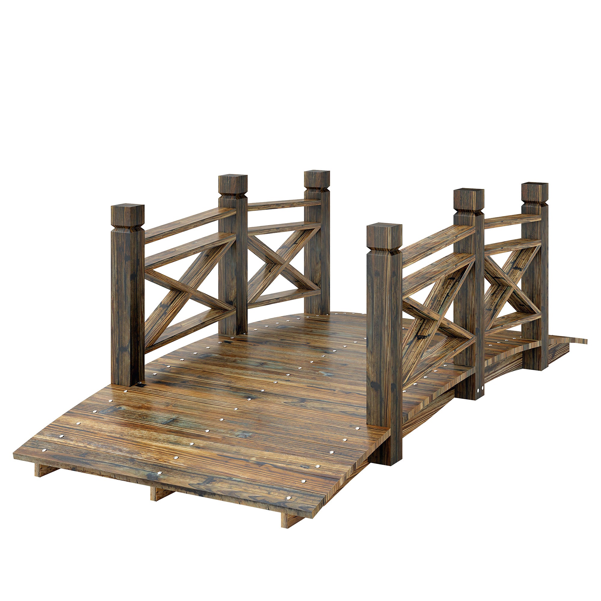 Pine Garden Bridge with Handrails, Charred Finish (Shou Sugi Ban) — Walkable Decorative Pond Bridge, Rustic Arched Design, Weather-Resistant, Up to 200 kg, 174 x 78 x 57.5 cm
