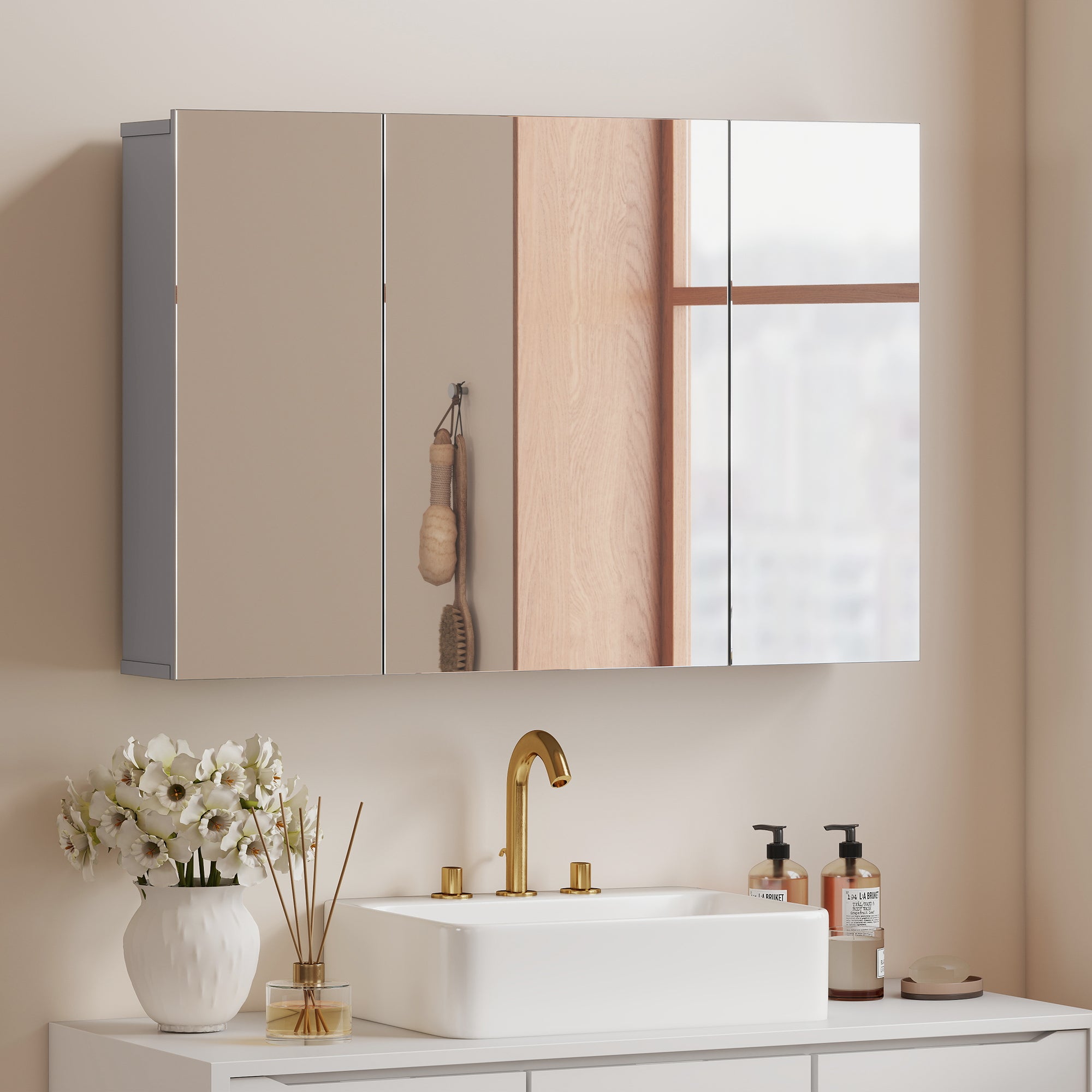 3-Door Wall-Mounted Bathroom Mirror Cabinet with Adjustable Shelves and Soft-Close Hinges — Gray, 35.4 x 5.9 x 23.6 in