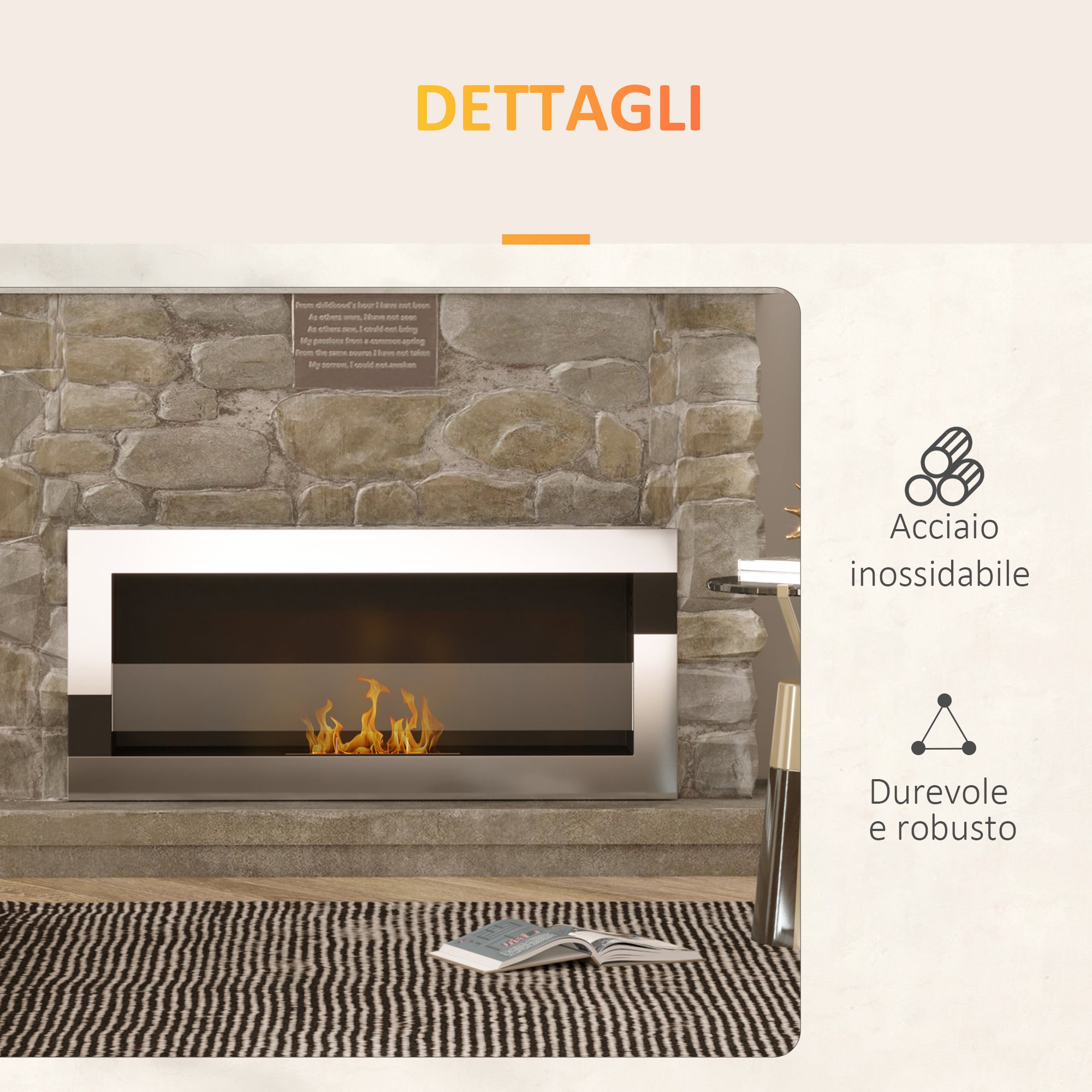 Wall-Mounted Stainless Steel Bioethanol Fireplace with 2.5h Combustion, 1L Tank, and Cover 20m², 90x16x40cm, Silver