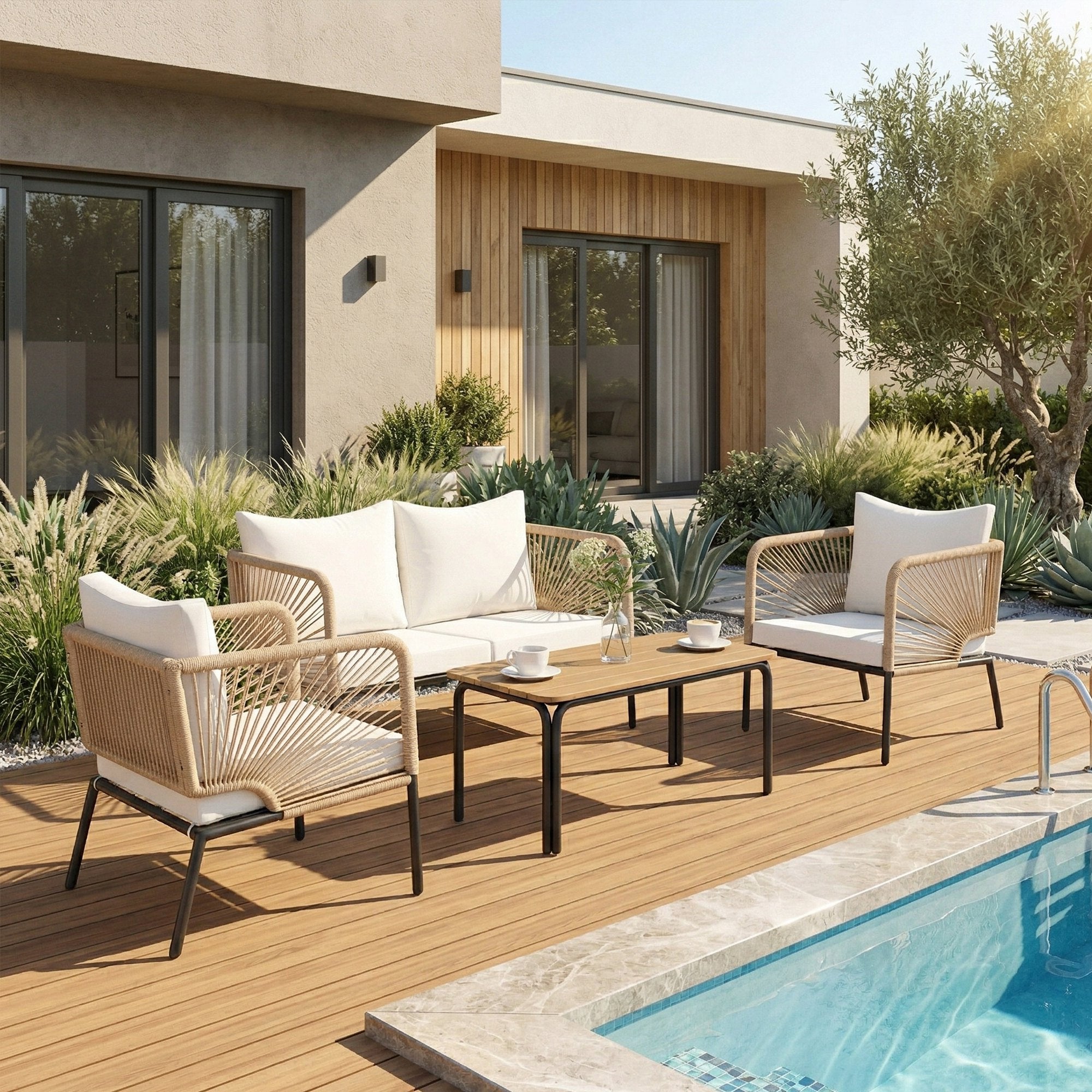 4-Piece Outdoor Patio Set – 2-Seat Sofa, 2 Armchairs & WPC Coffee Table, Rope-Style PE Rattan, Padded Cushions, White