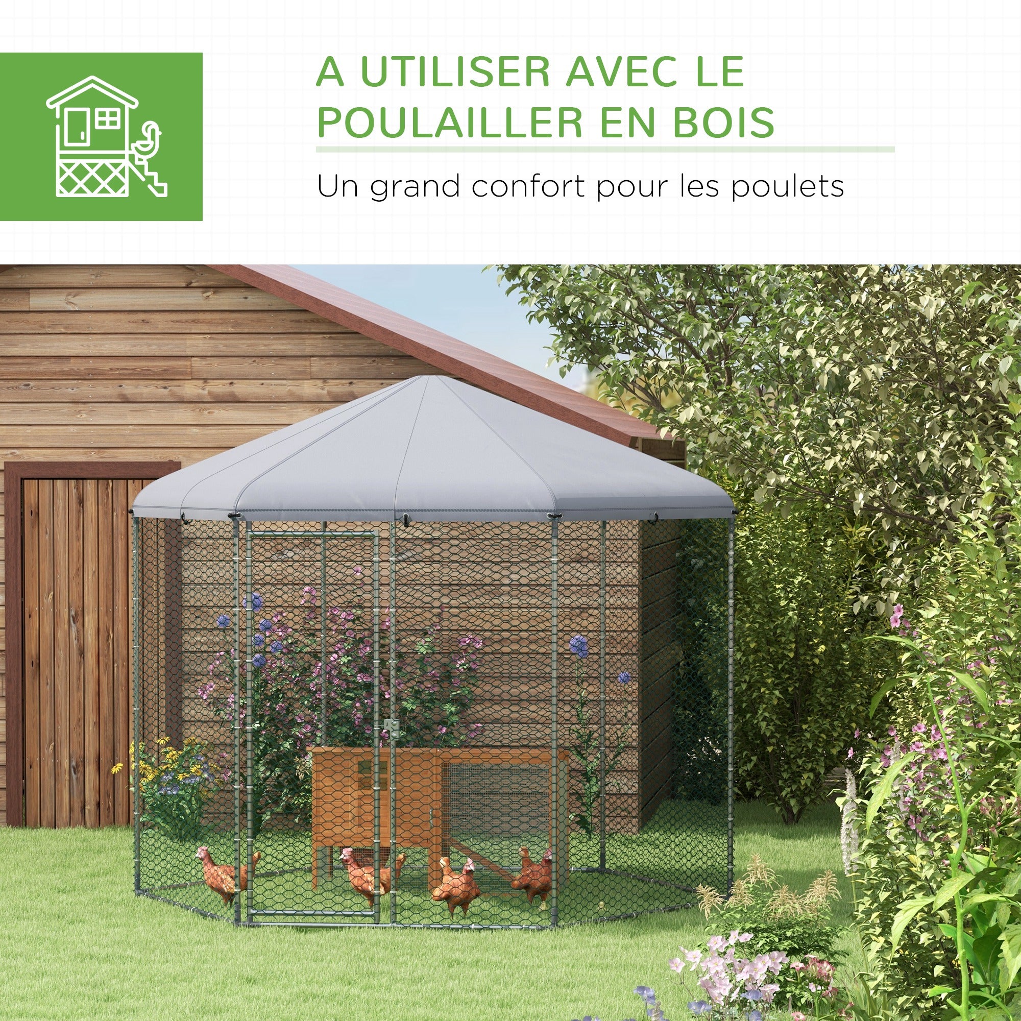 Chicken Coop Kennel Aviary Hexagonal Outdoor 5 m² - mesh enclosure dim. 2.8L x 2.45W x 2.46H - covered space - galvanized steel - 5/8 chickens