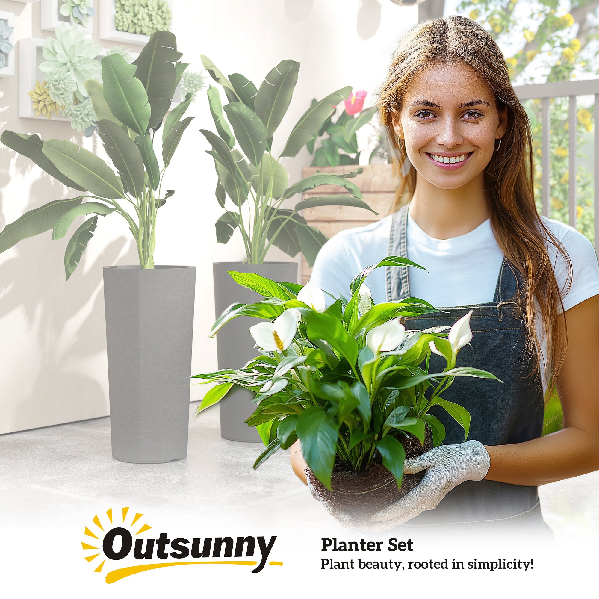 Set of 2 Stackable 23.6 in Tall Planters – Plastic Flower Pots with Inner Liner & Drainage, Dark Gray