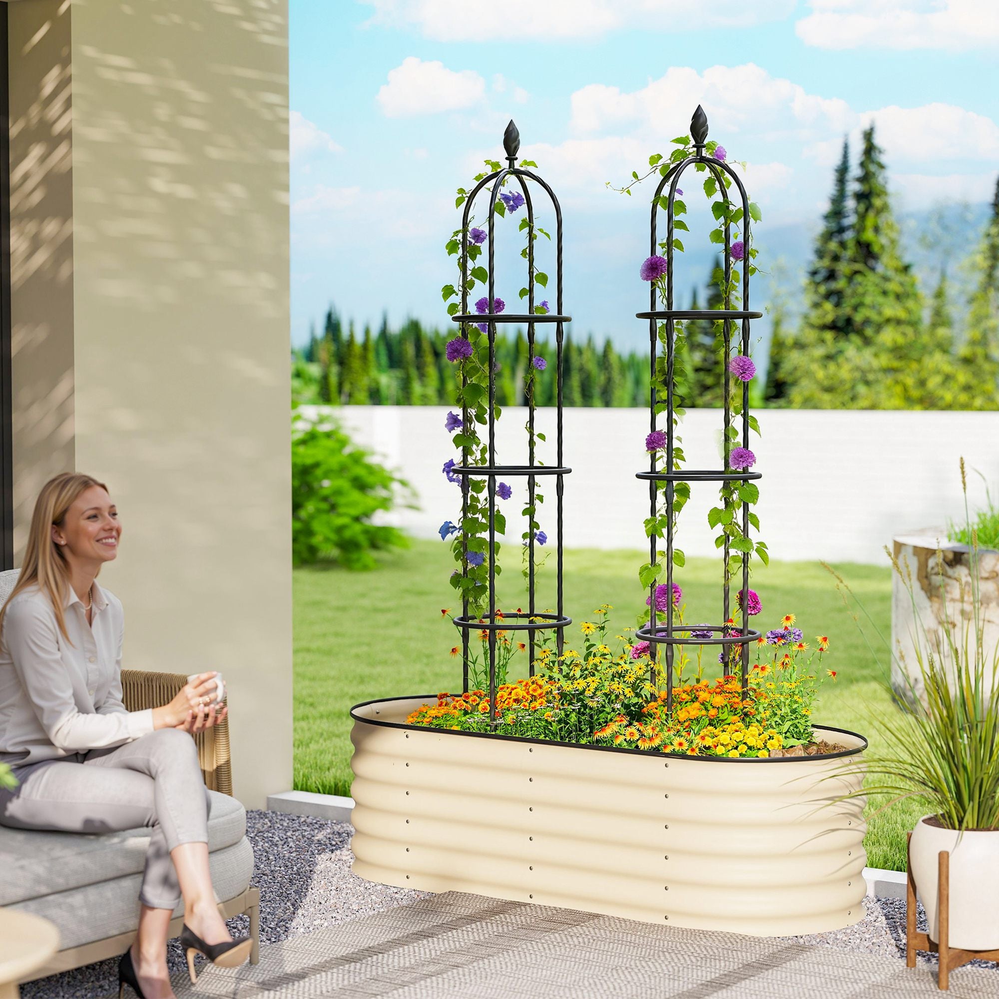 Set of 2 Steel Garden Obelisks, 174 cm Trellis Supports for Climbing Plants, Roses, Fruit & Vegetables, Decorative Outdoor Plant Supports, Black