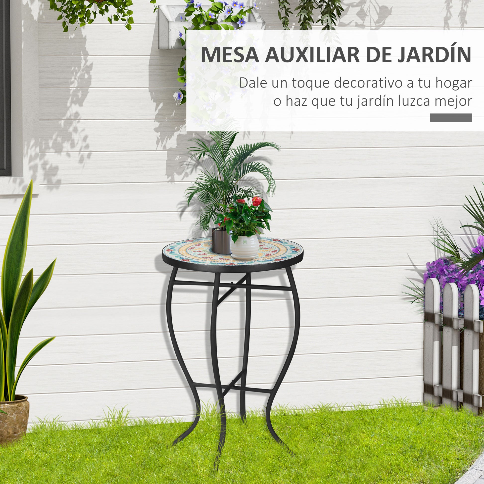 Round Garden Table Mosaic Side Table with Metal Legs for Patio Terrace Outdoor Balcony 35.5x35.5x53.5 cm Turquoise