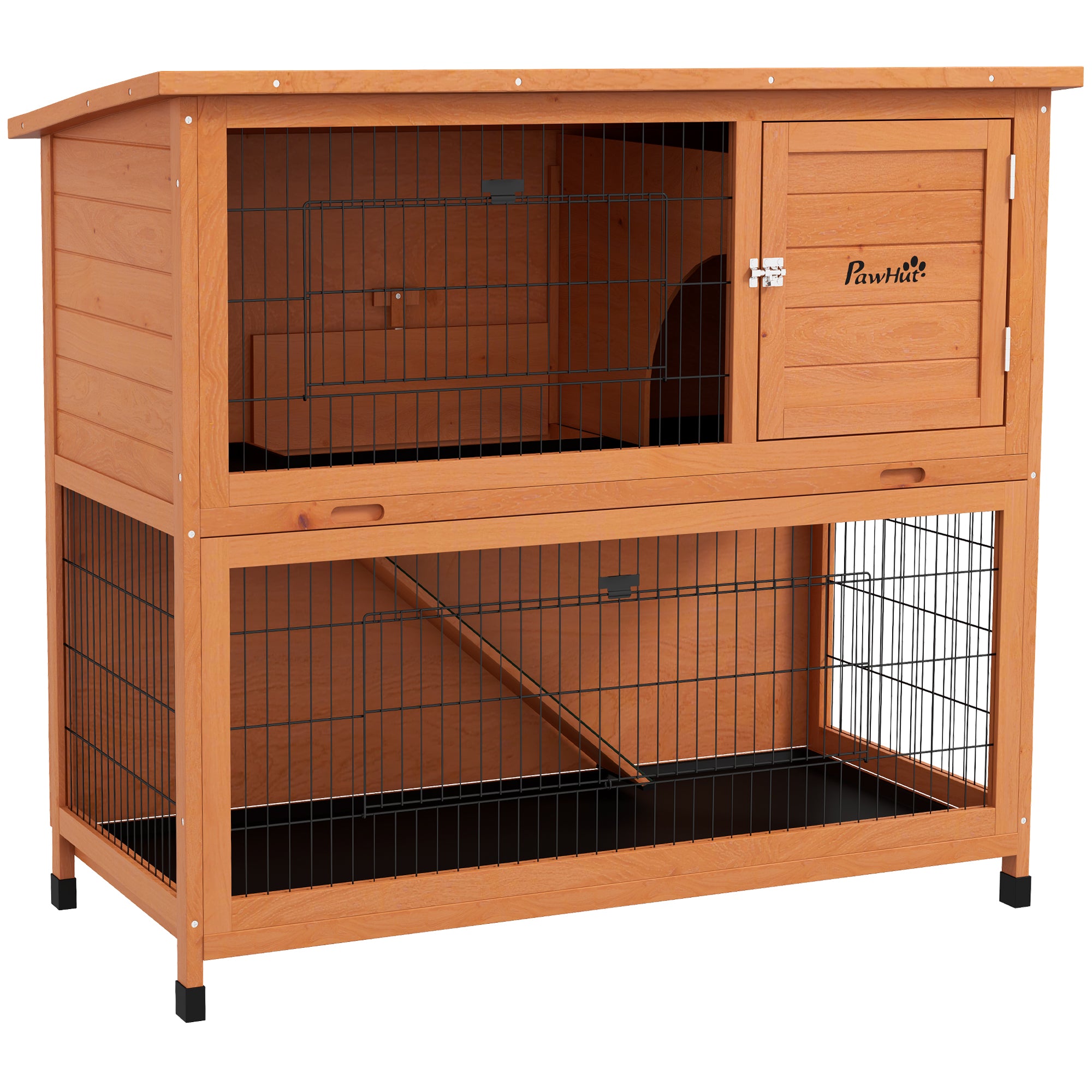 Wooden Rabbit Hutch 2-story Small Animal Hutch Pet Cage with Pallets, Ramp Small Animal House with Outdoor Enclosure Asphalt Roof for 2 Rabbits Orange 123 x 63 x 112 cm