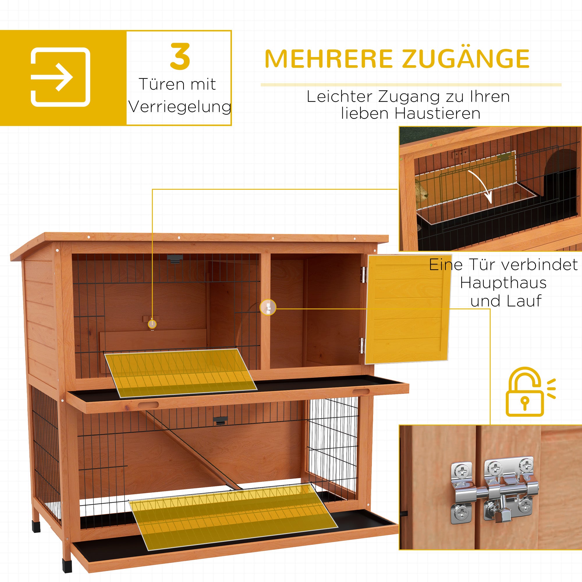 Wooden Rabbit Hutch 2-story Small Animal Hutch Pet Cage with Pallets, Ramp Small Animal House with Outdoor Enclosure Asphalt Roof for 2 Rabbits Orange 123 x 63 x 112 cm