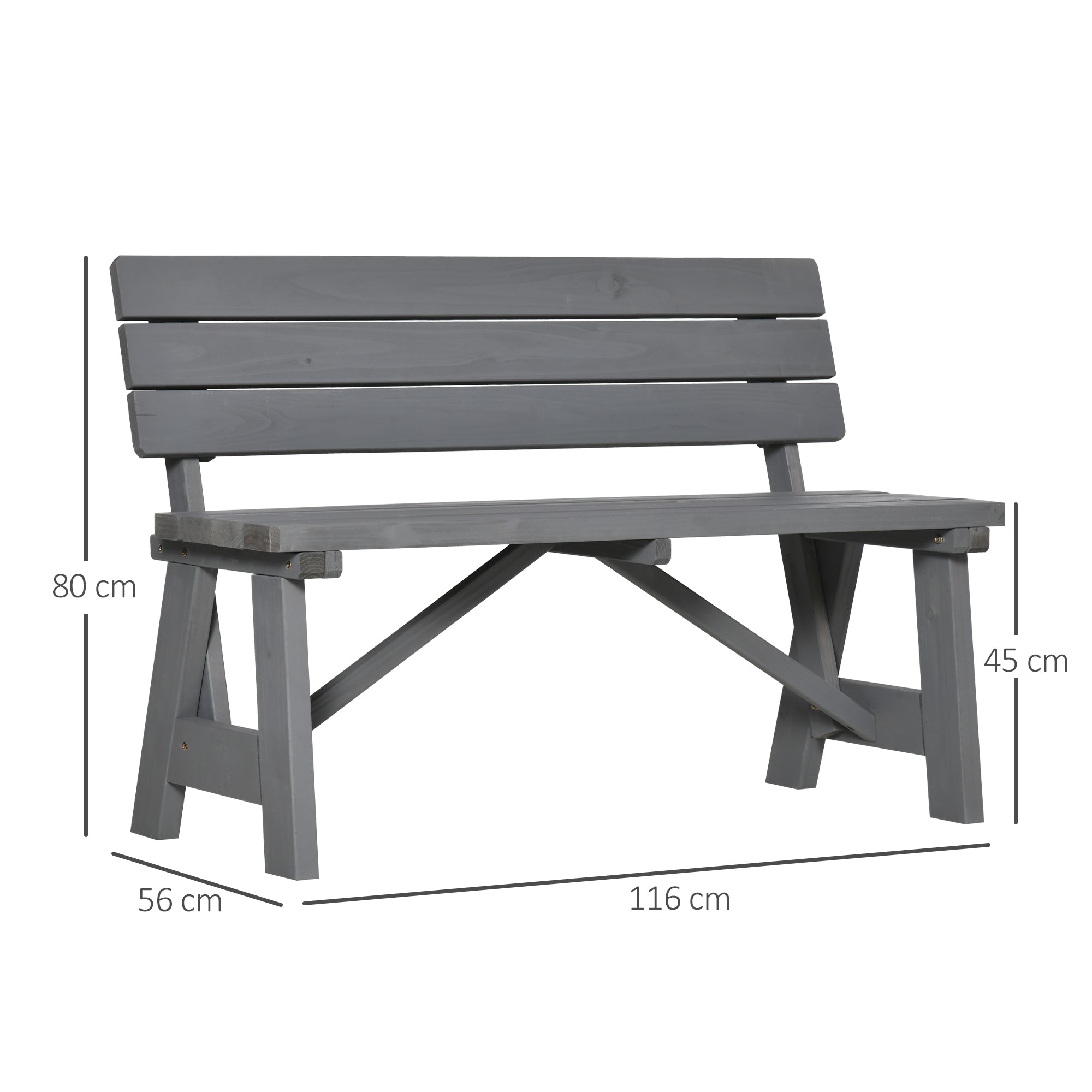 2-Seater Wooden Garden Bench, Weatherproof Bench, UV-Resistant Garden Furniture with Backrests, Park Bench 220kg Load Capacity, Balcony Bench, Wooden Bench for Balcony Terrace, Garden, 116 x 56 x 80 cm, Gray