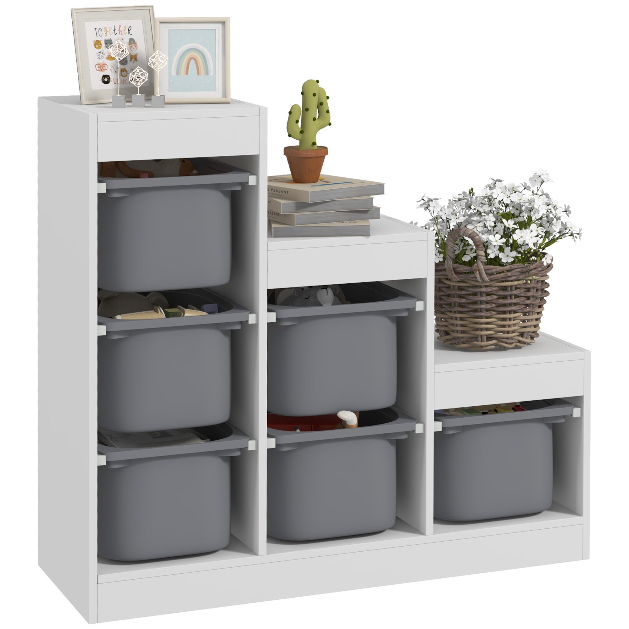 Toy Storage Cabinet with 6 Removable Bins 3 Levels, Easy Toy Storage for Kids, Quick Cleaning, for 3-8 Years, Gray