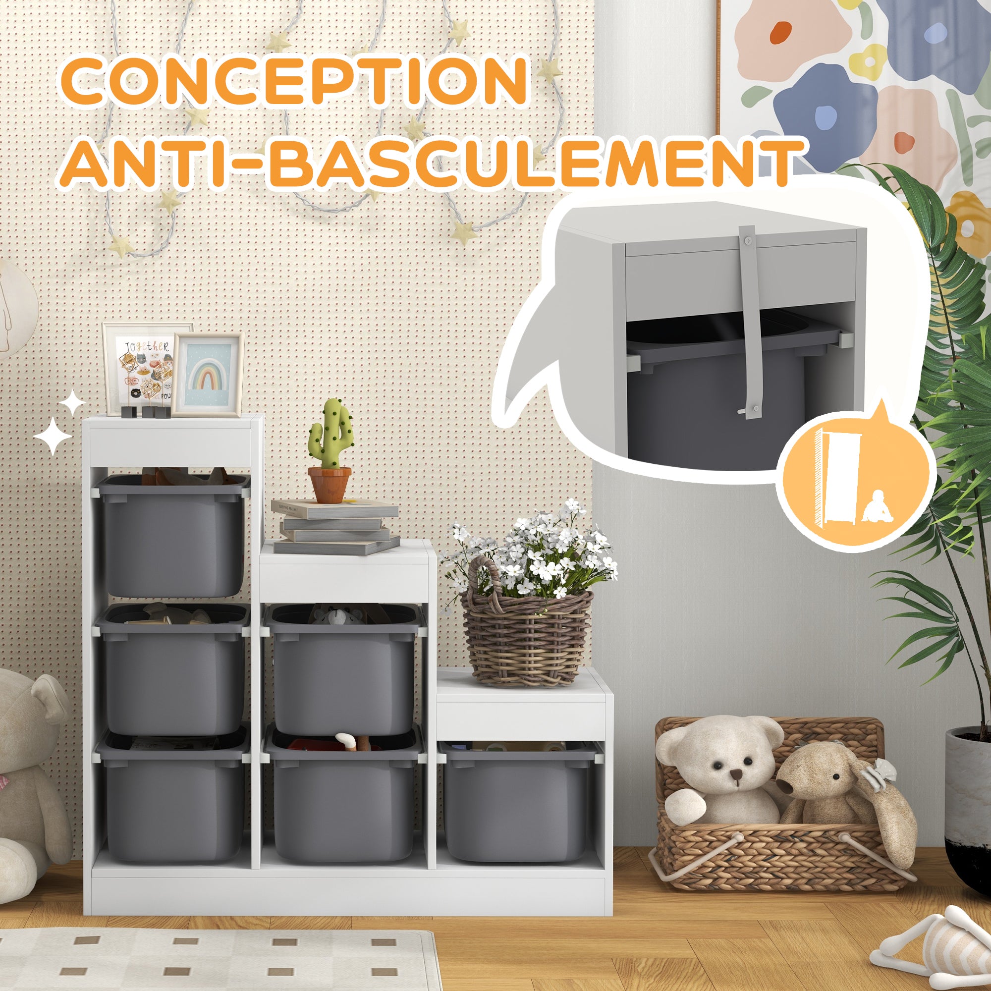 Toy Storage Cabinet with 6 Removable Bins 3 Levels, Easy Toy Storage for Kids, Quick Cleaning, for 3-8 Years, Gray