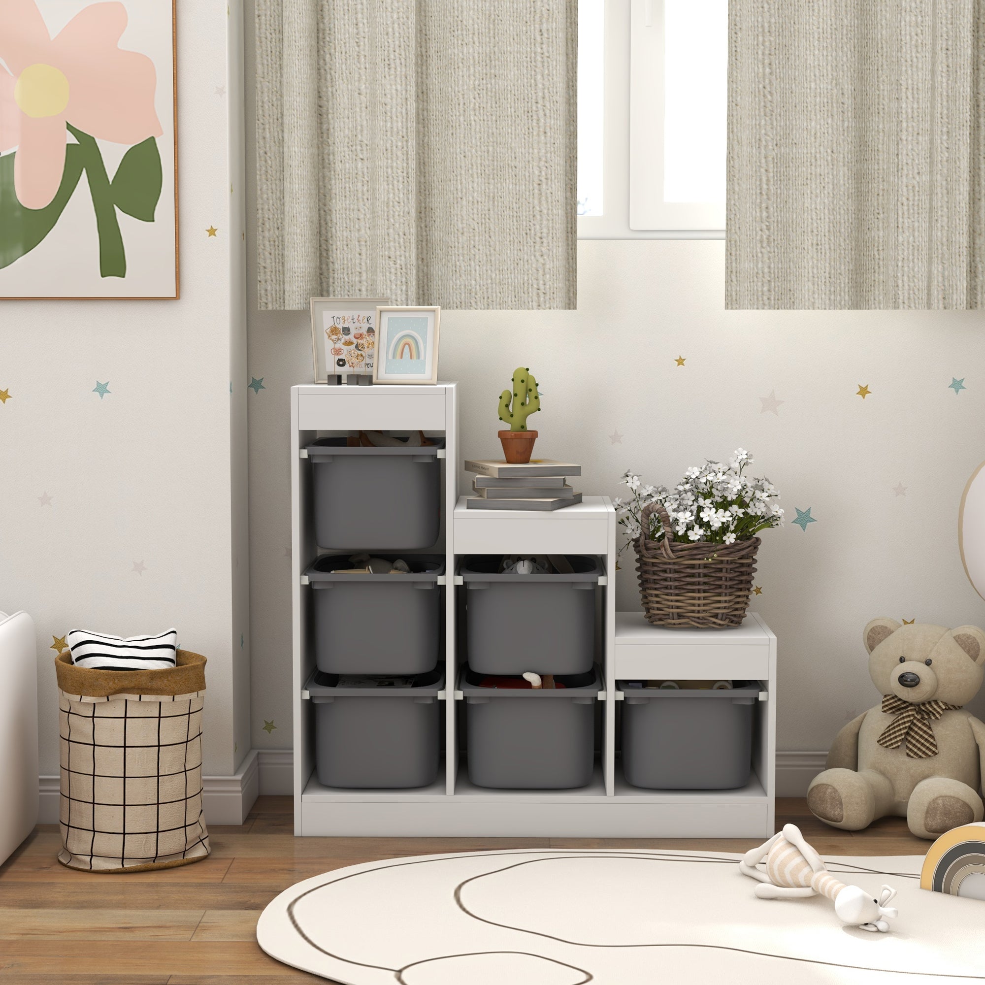 Toy Storage Cabinet with 6 Removable Bins 3 Levels, Easy Toy Storage for Kids, Quick Cleaning, for 3-8 Years, Gray