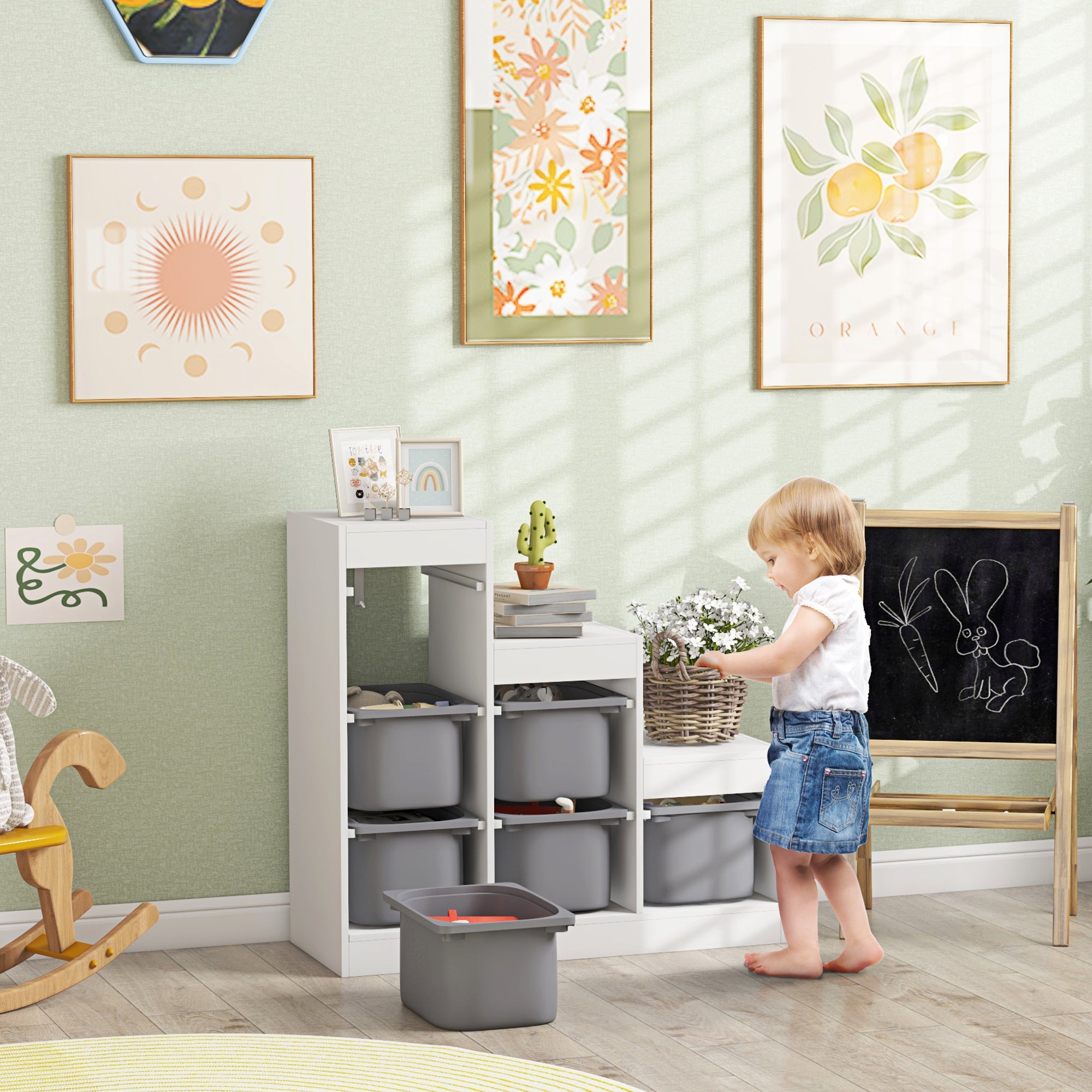 Toy Storage Cabinet with 6 Removable Bins 3 Levels, Easy Toy Storage for Kids, Quick Cleaning, for 3-8 Years, Gray