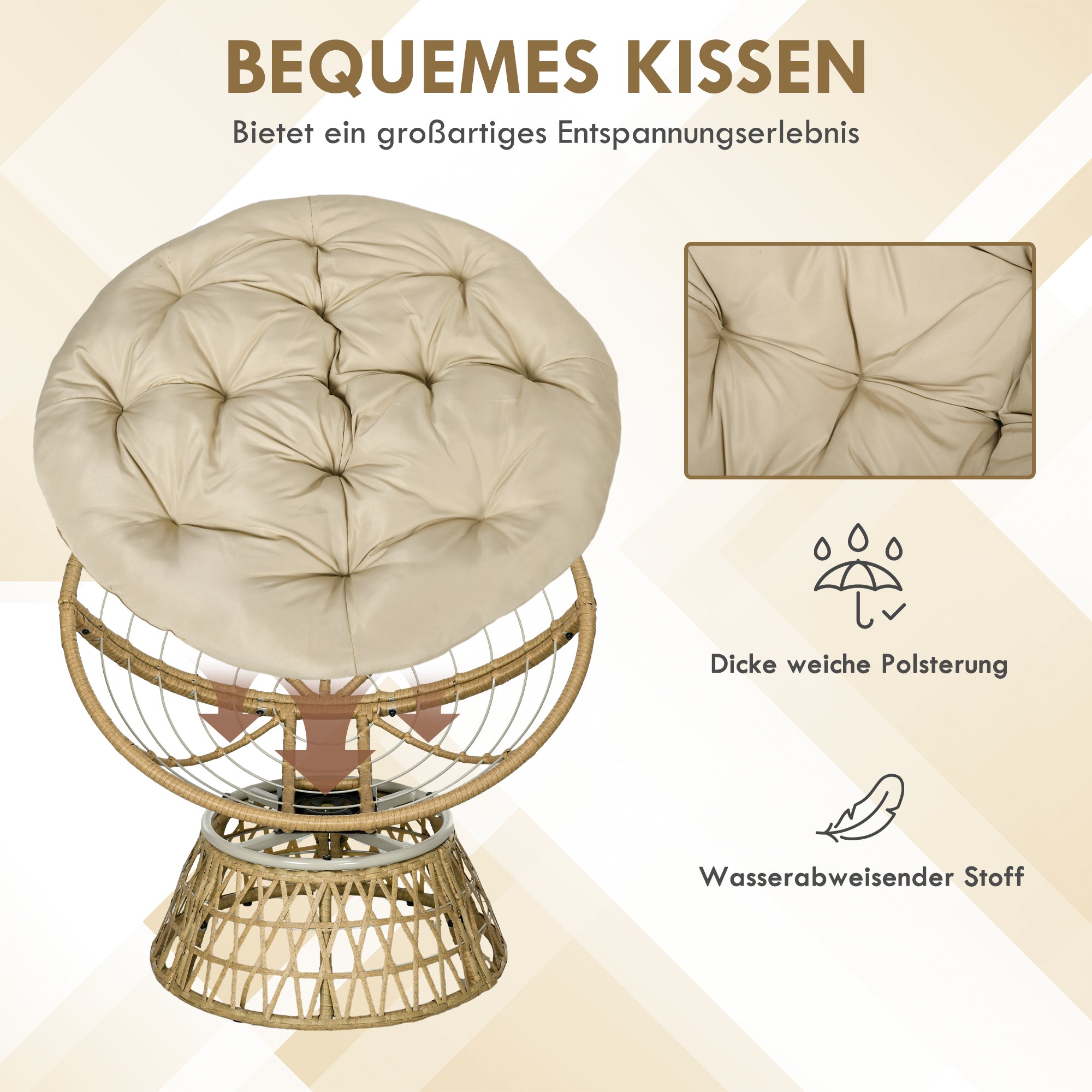 Papasan Chair Wicker Swivel Armchair with Cushion 360 Degree Adjustable Footstool 85 x 70 x 82 cm Khaki