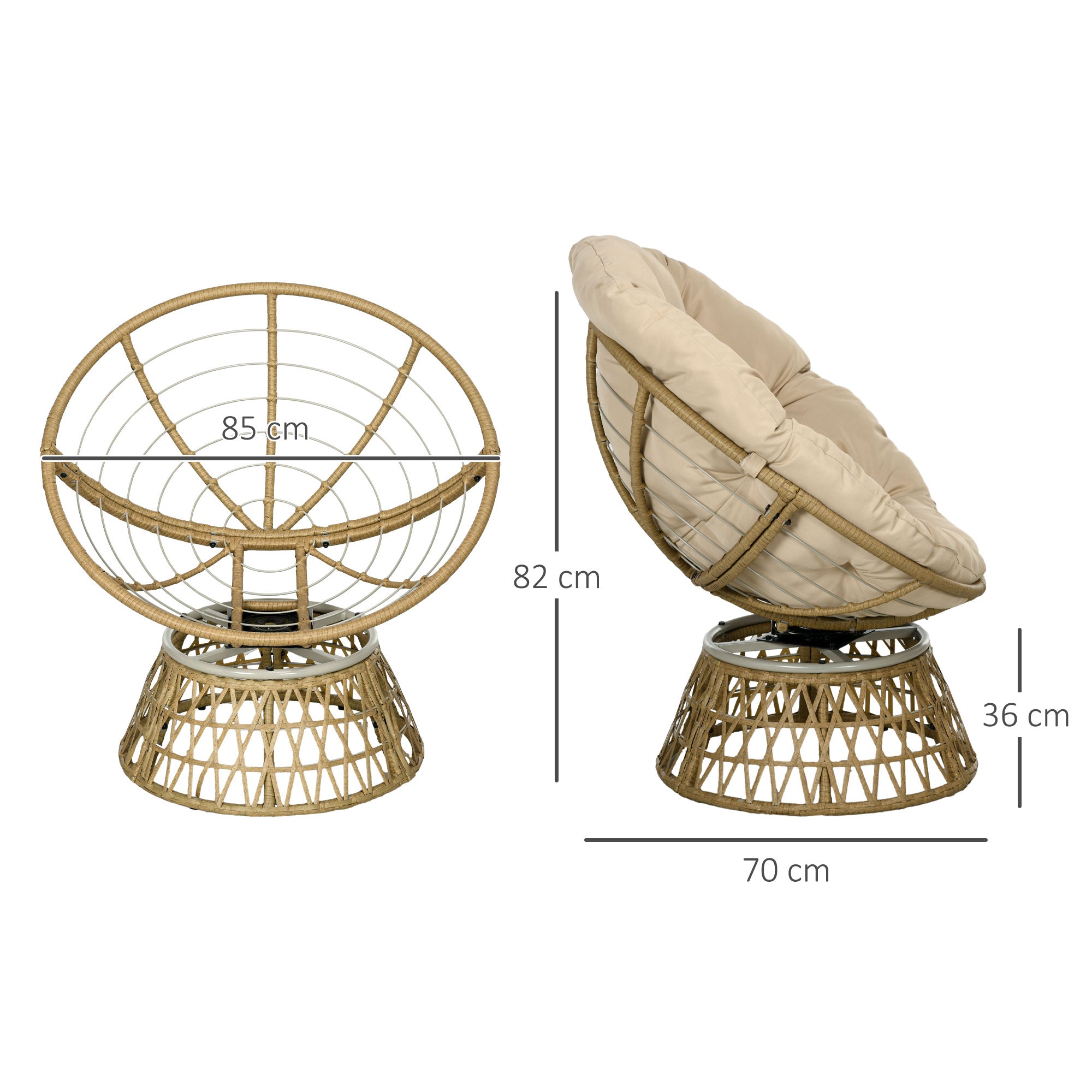 Papasan Chair Wicker Swivel Armchair with Cushion 360 Degree Adjustable Footstool 85 x 70 x 82 cm Khaki
