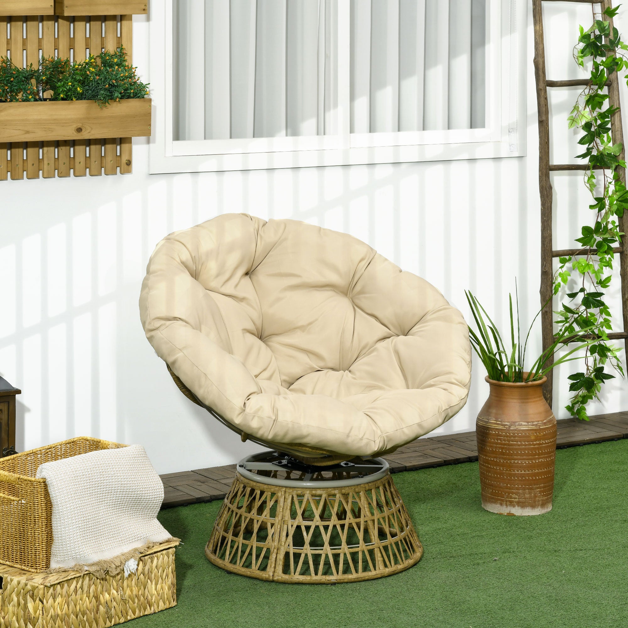 Papasan Chair Wicker Swivel Armchair with Cushion 360 Degree Adjustable Footstool 85 x 70 x 82 cm Khaki