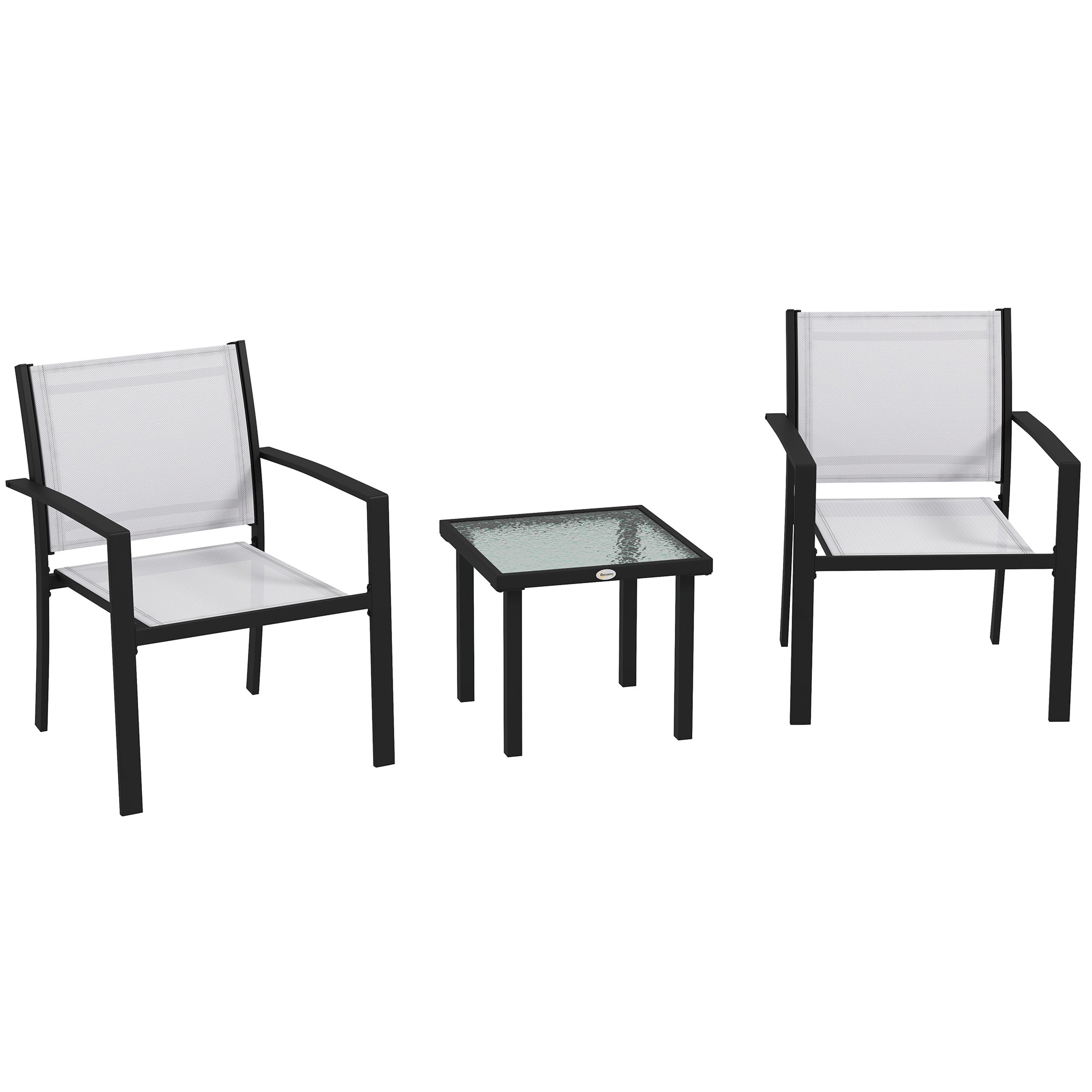 3-Piece Garden Coffee Table Set and 2 Stackable Chairs, Glass Table with Breathable Mesh Outdoor Chairs, Light Gray