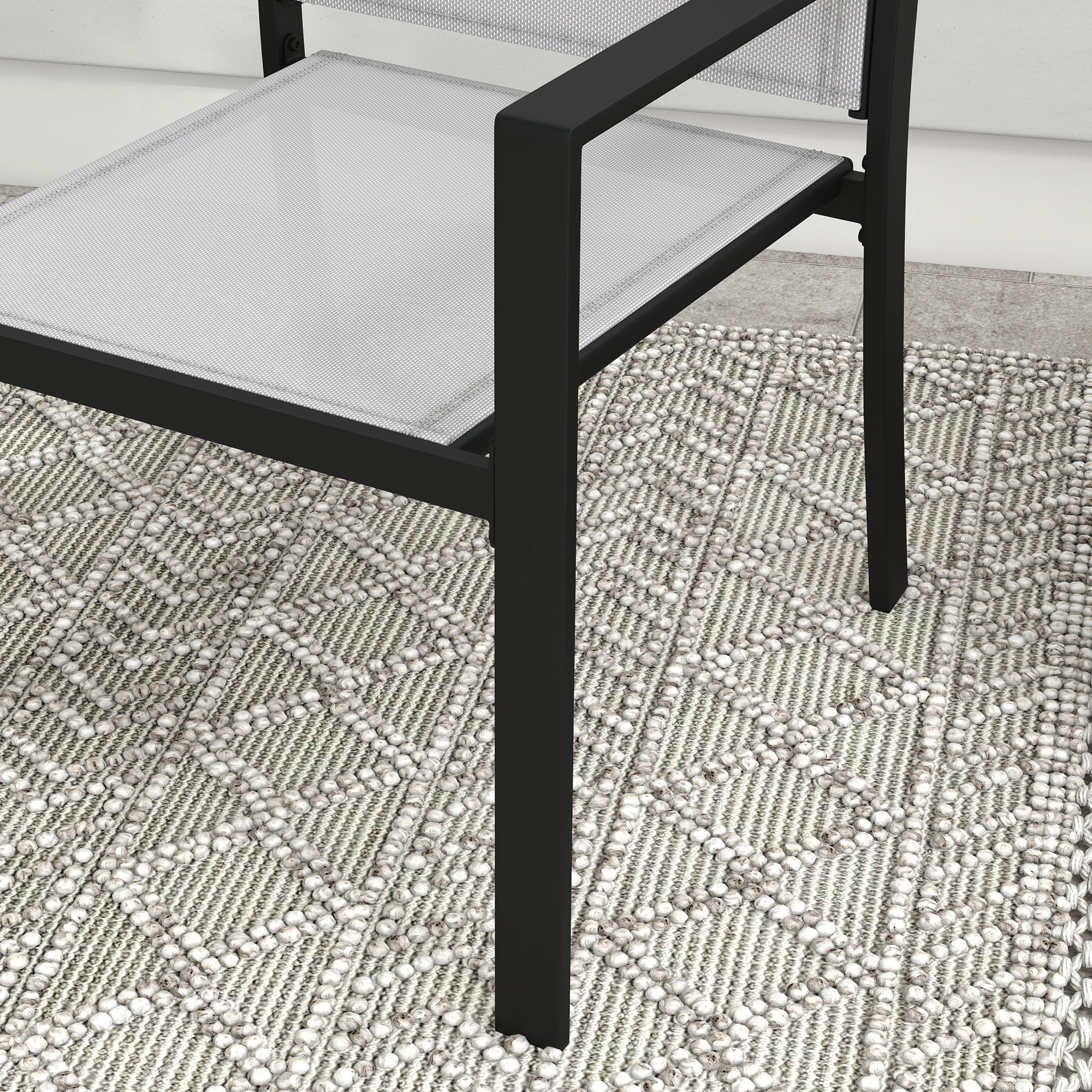 3-Piece Garden Coffee Table Set and 2 Stackable Chairs, Glass Table with Breathable Mesh Outdoor Chairs, Light Gray