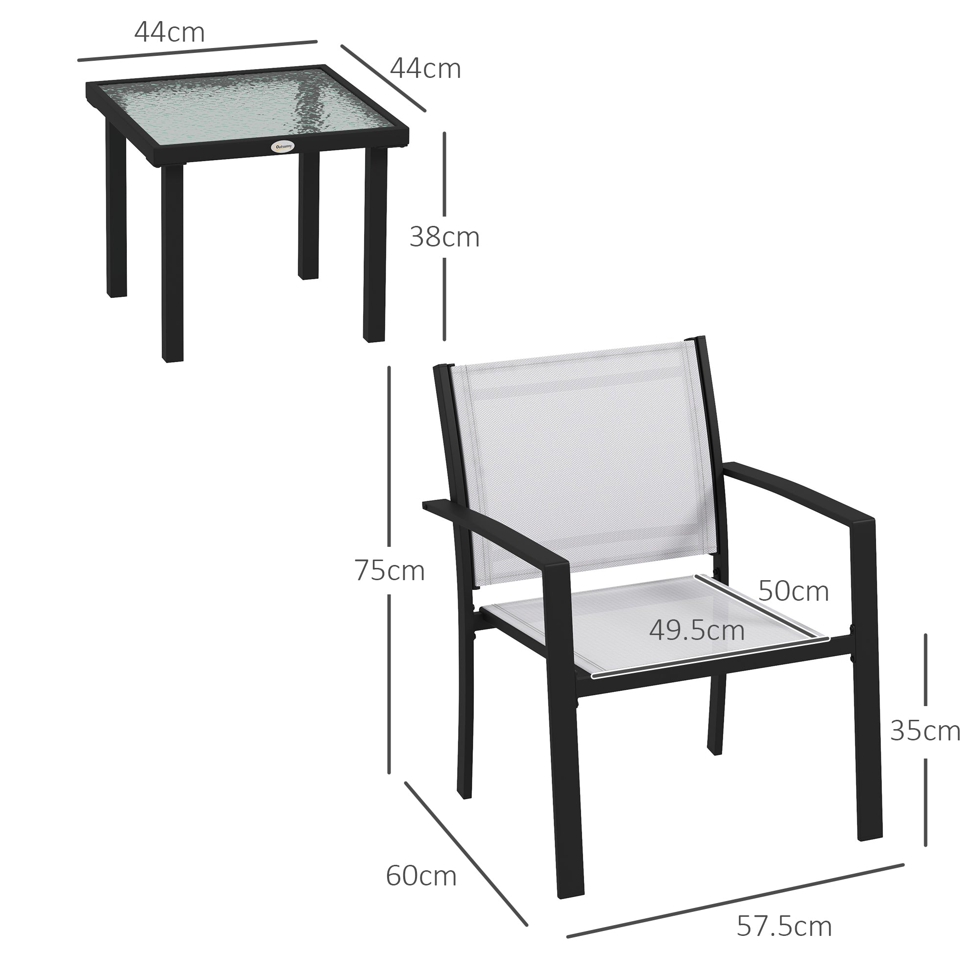 3-Piece Garden Coffee Table Set and 2 Stackable Chairs, Glass Table with Breathable Mesh Outdoor Chairs, Light Gray