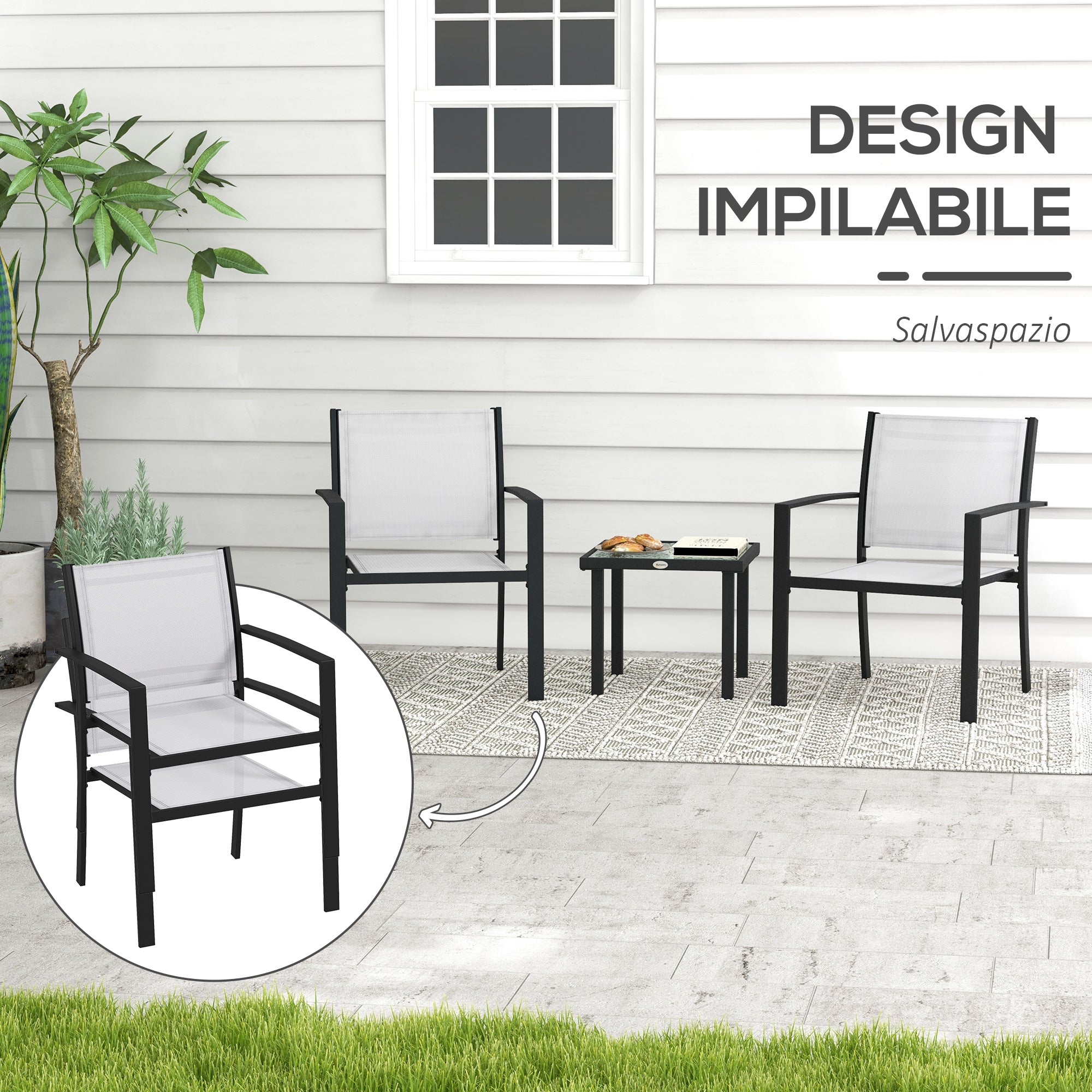 3-Piece Garden Coffee Table Set and 2 Stackable Chairs, Glass Table with Breathable Mesh Outdoor Chairs, Light Gray