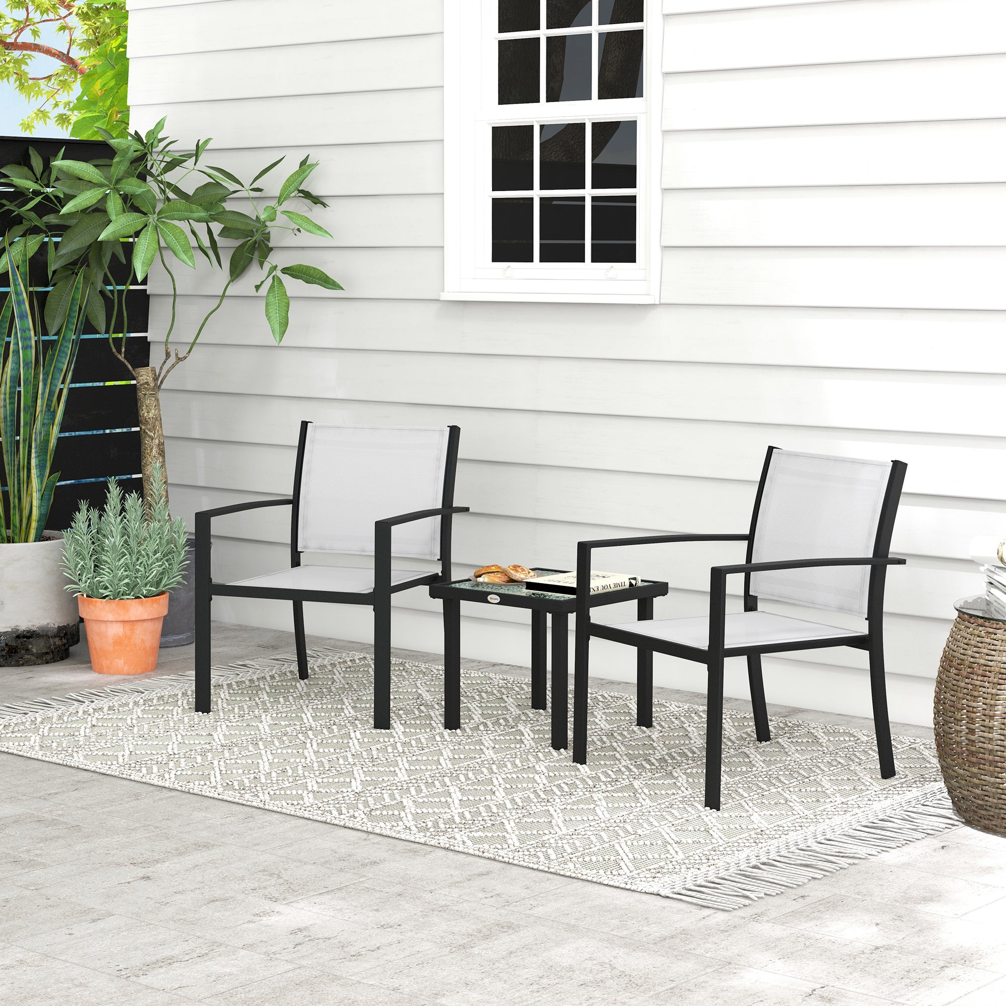 3-Piece Garden Coffee Table Set and 2 Stackable Chairs, Glass Table with Breathable Mesh Outdoor Chairs, Light Gray