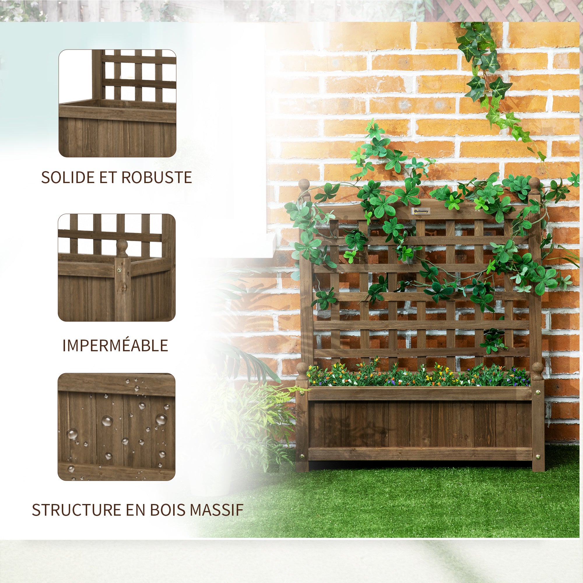 Planter with Trellis - Flower Box - Raised Planter - dim. 64L x 28W x 75H cm Includes Irrigation Inserts Treated Fir Wood