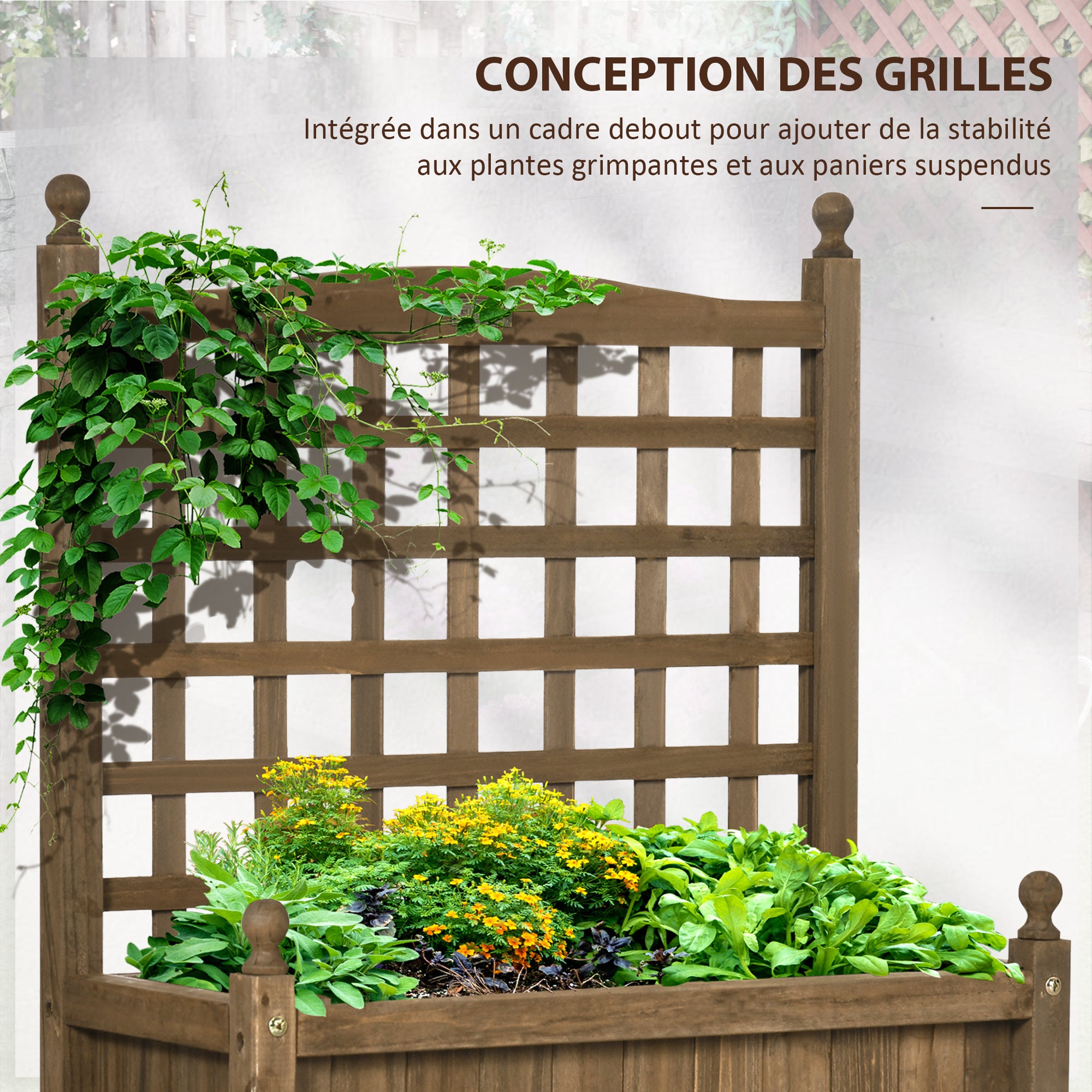Planter with Trellis - Flower Box - Raised Planter - dim. 64L x 28W x 75H cm Includes Irrigation Inserts Treated Fir Wood