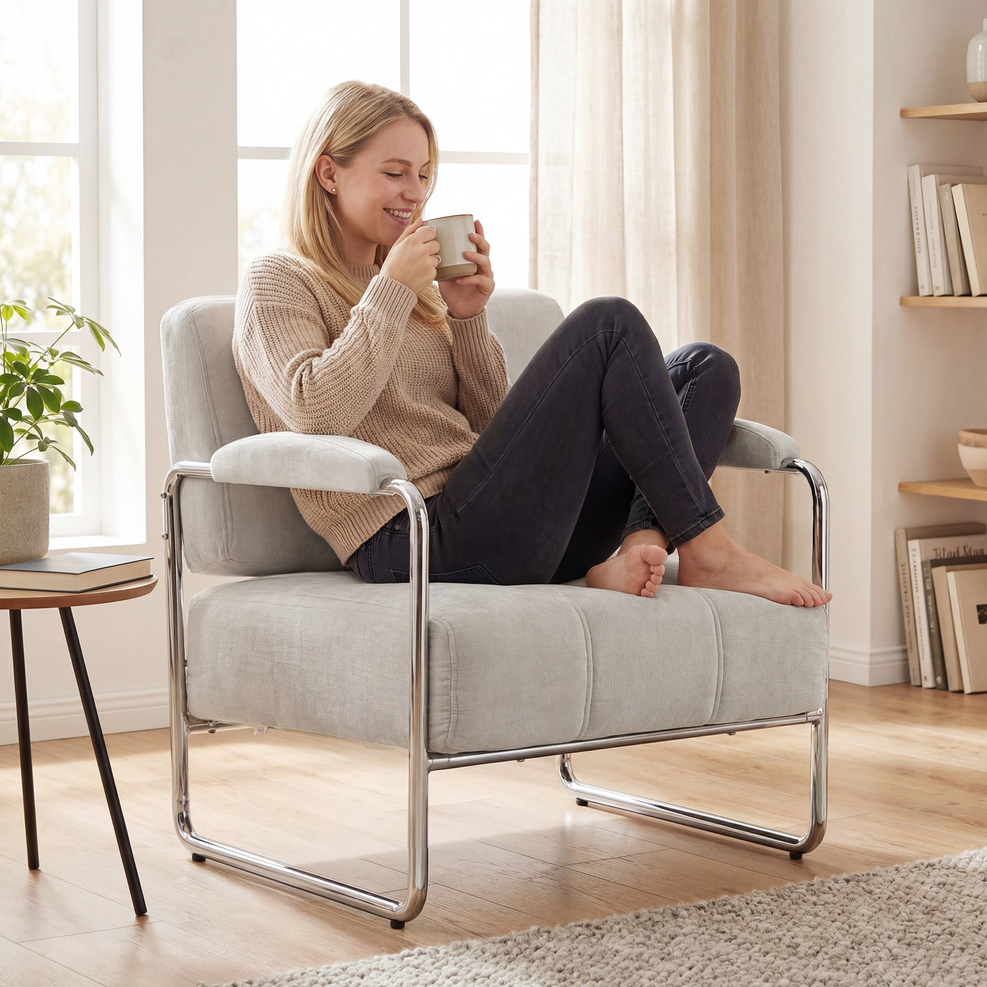 Living Room Armchair with Thick Padding, Wide Seat, Double Stitching — Soft Chenille, Easy Assembly, Steel Frame — Beige