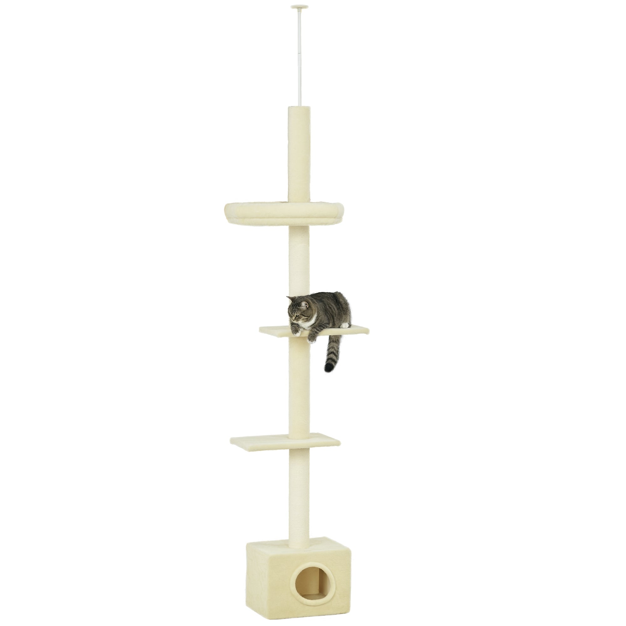 Adjustable Height Cat Tree from 230 to 260 cm Play Tower for Cats Scratching Post 4 Levels Activity with Plush Beige Niche