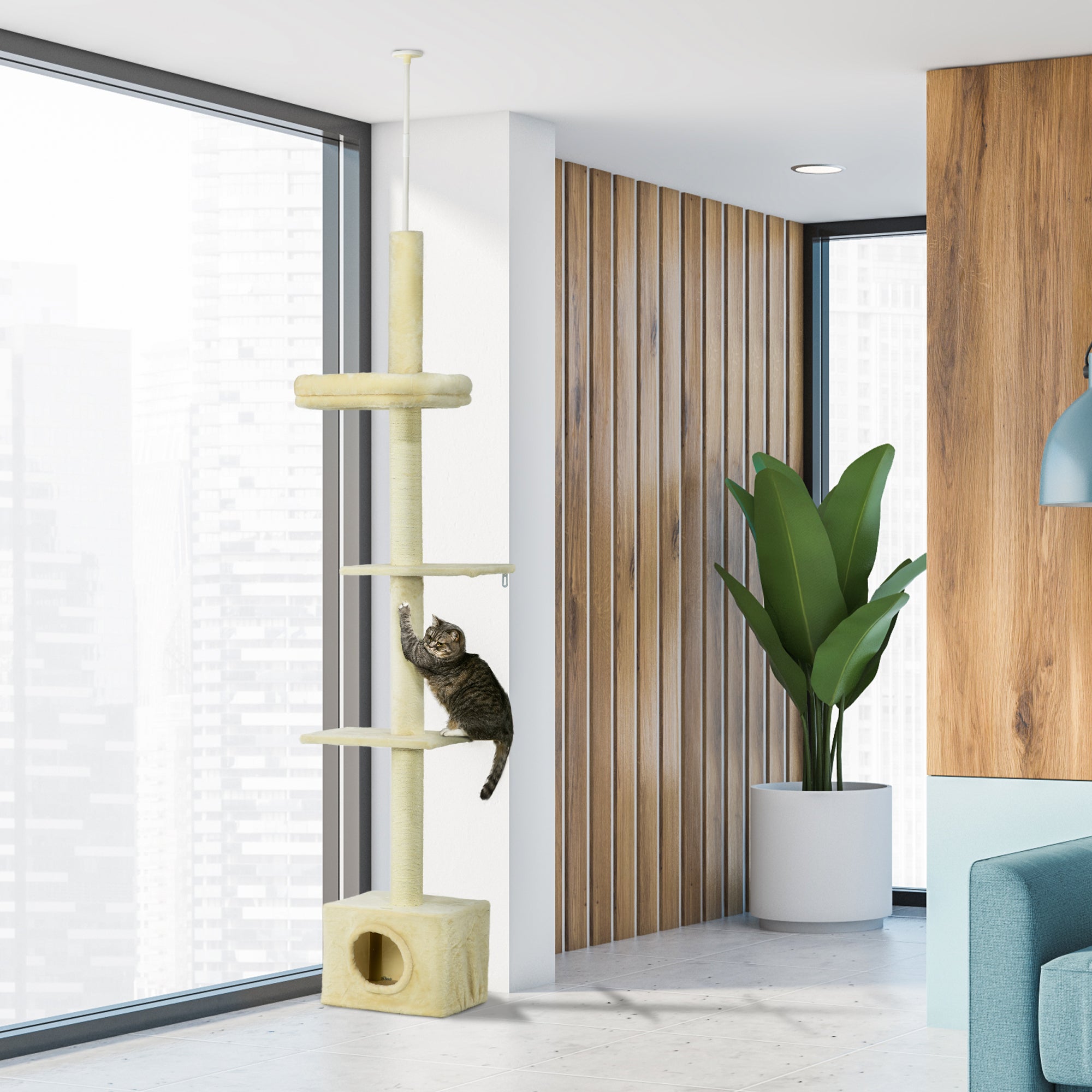 Adjustable Height Cat Tree from 230 to 260 cm Play Tower for Cats Scratching Post 4 Levels Activity with Plush Beige Niche
