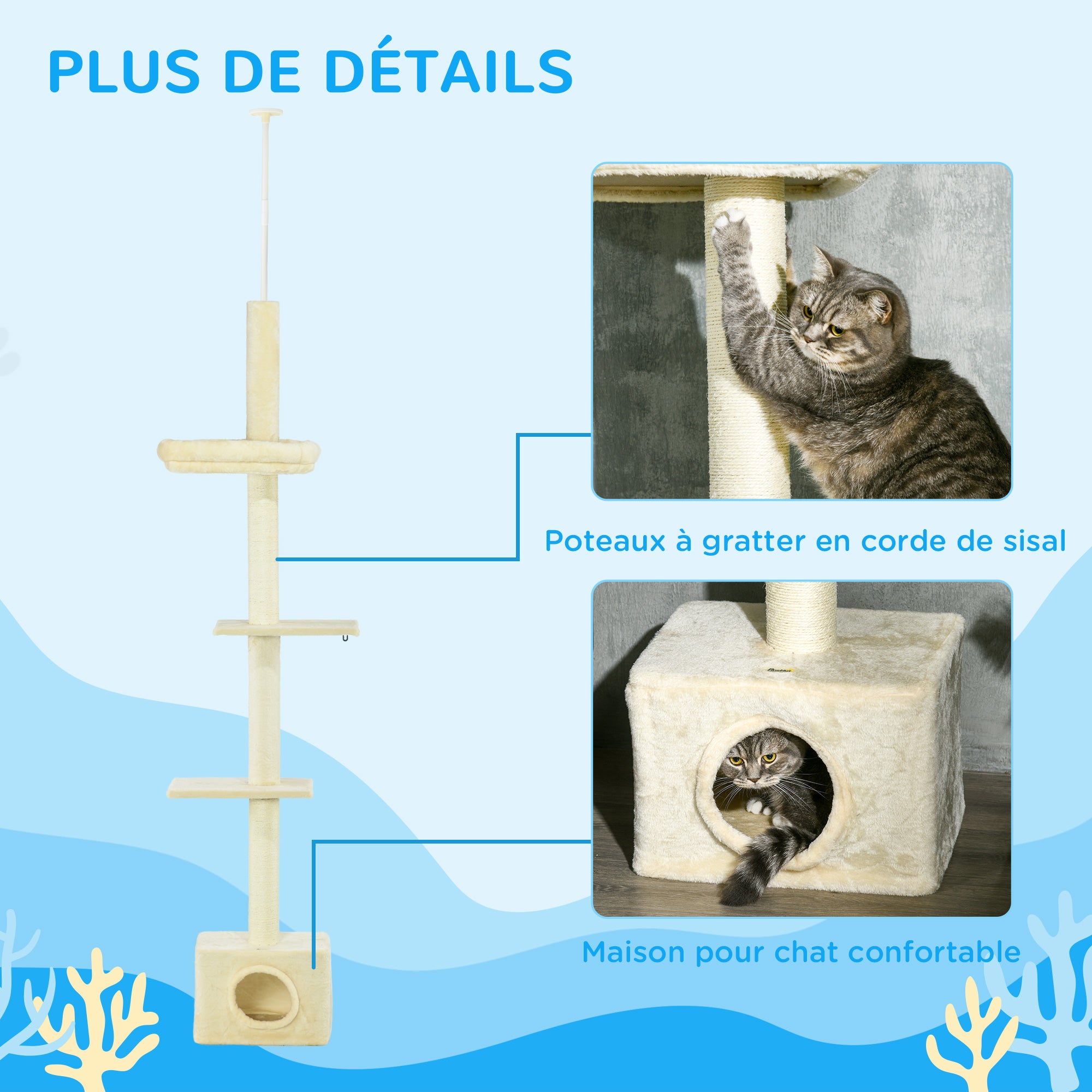 Adjustable Height Cat Tree from 230 to 260 cm Play Tower for Cats Scratching Post 4 Levels Activity with Plush Beige Niche
