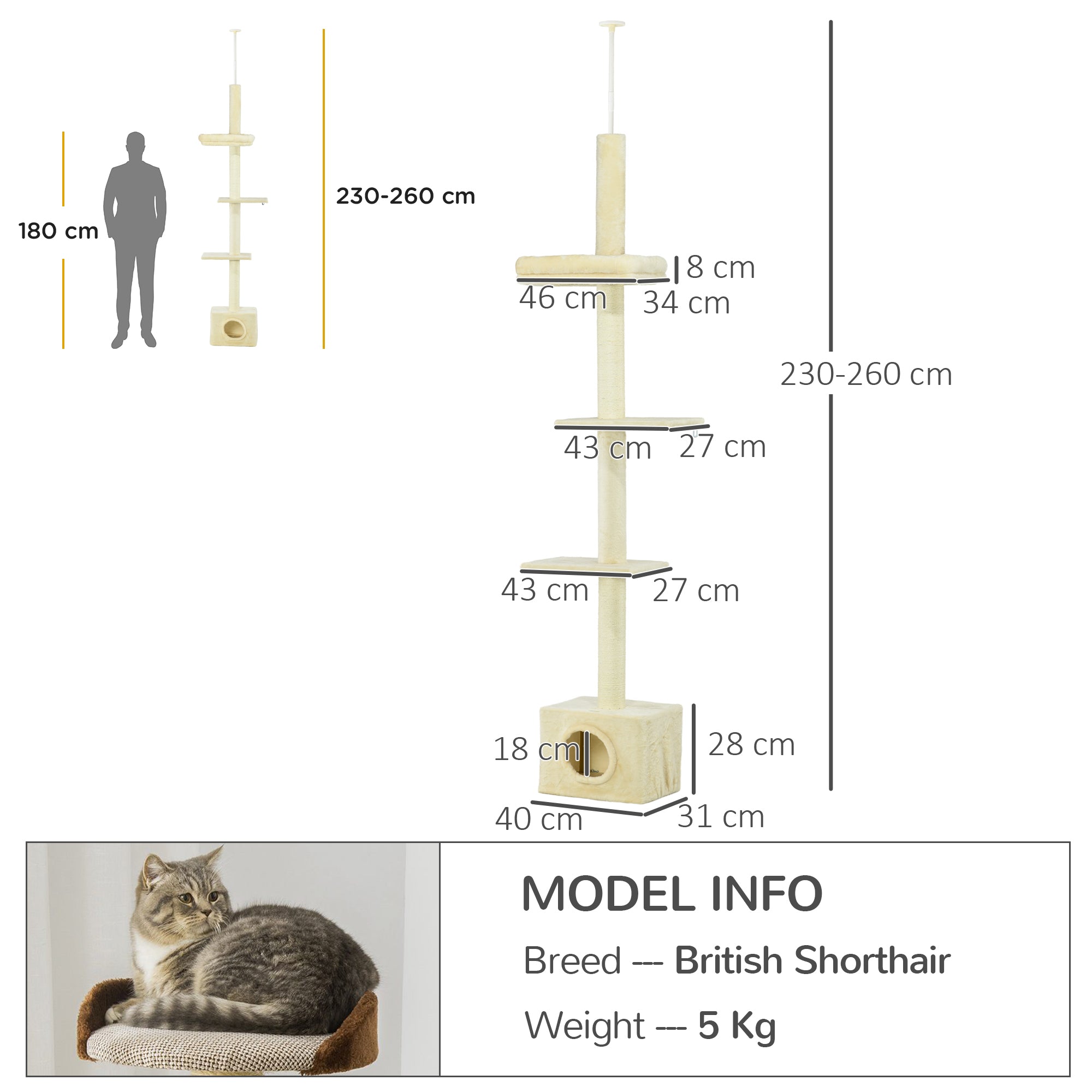 Adjustable Height Cat Tree from 230 to 260 cm Play Tower for Cats Scratching Post 4 Levels Activity with Plush Beige Niche