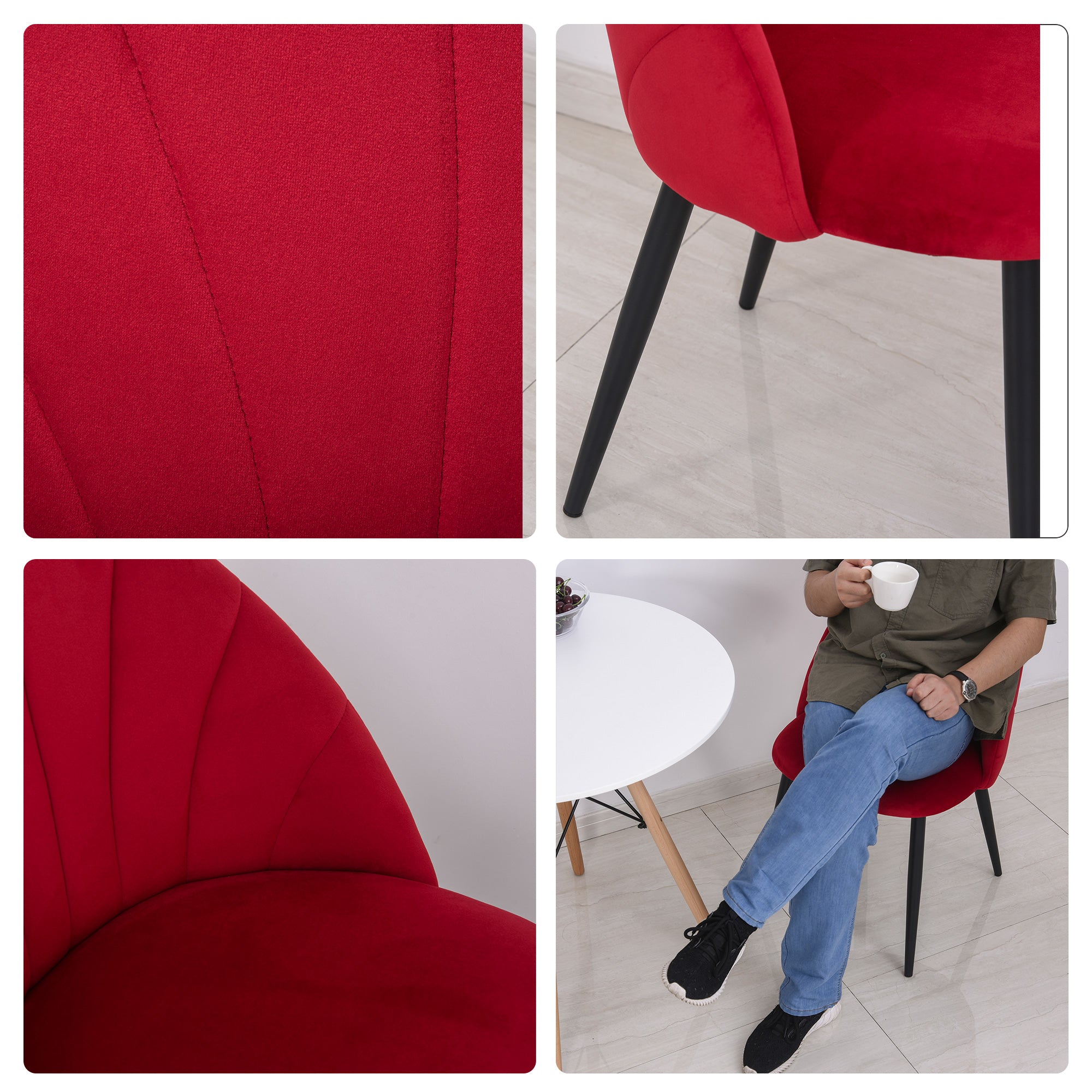 Set of 2 Velvet Dining Chairs, Kitchen and Living Room Chairs with Metal Legs and Shell Backrest, Red