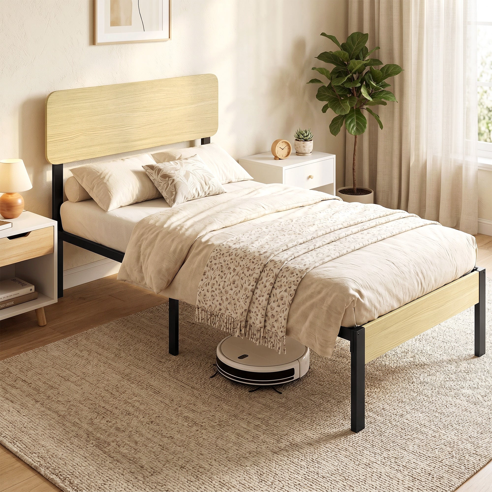 Bed Frame 35.4 x 78.7 in with Headboard & Footboard – Platform Bed with Under-Bed Storage, 14 Slats, Natural Wood Finish