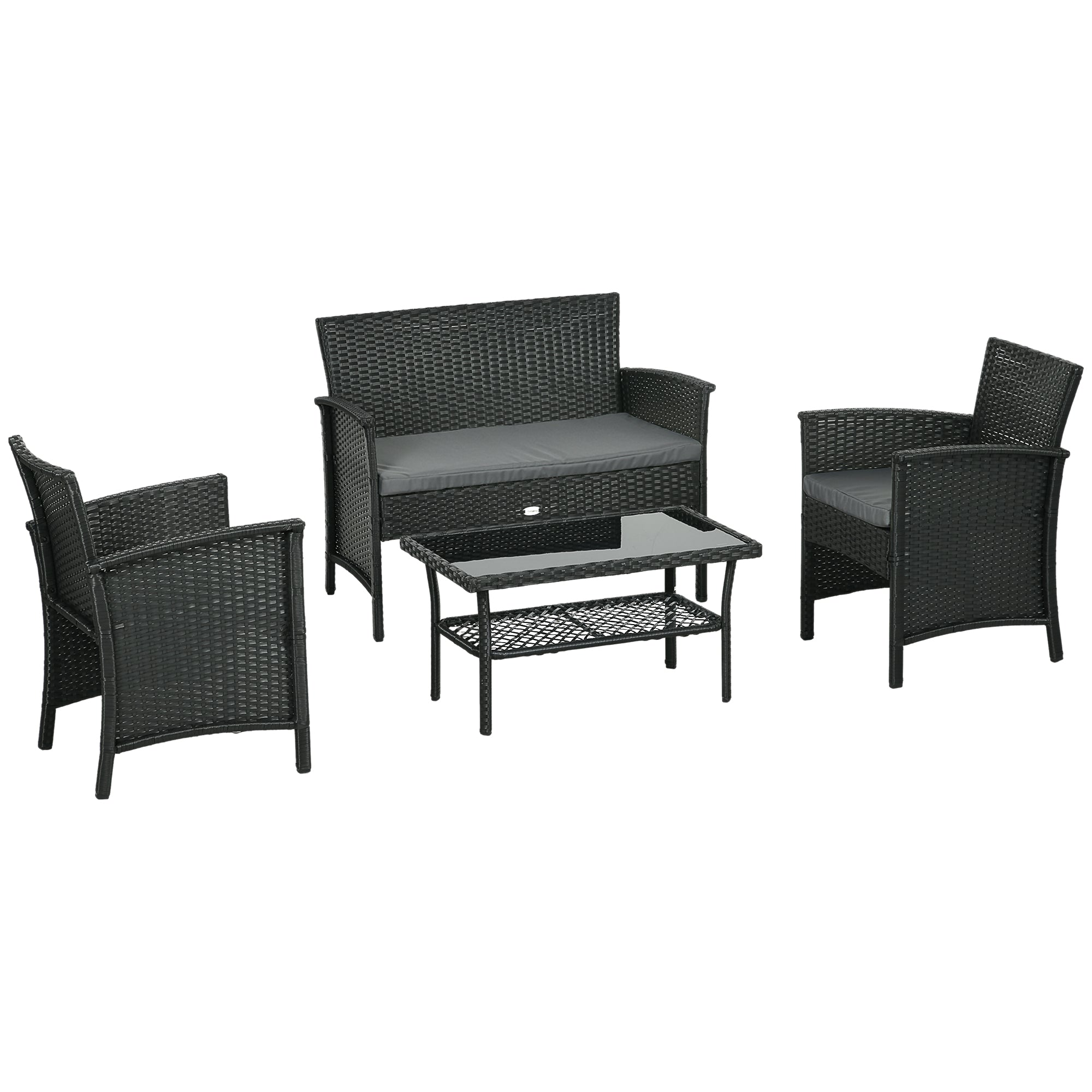 4-Piece Outdoor Rattan PE Lounge Set, Garden Lounge with 2-Seater Sofa, 2 Armchairs with Cushions and Glass Coffee Table, Black and Gray