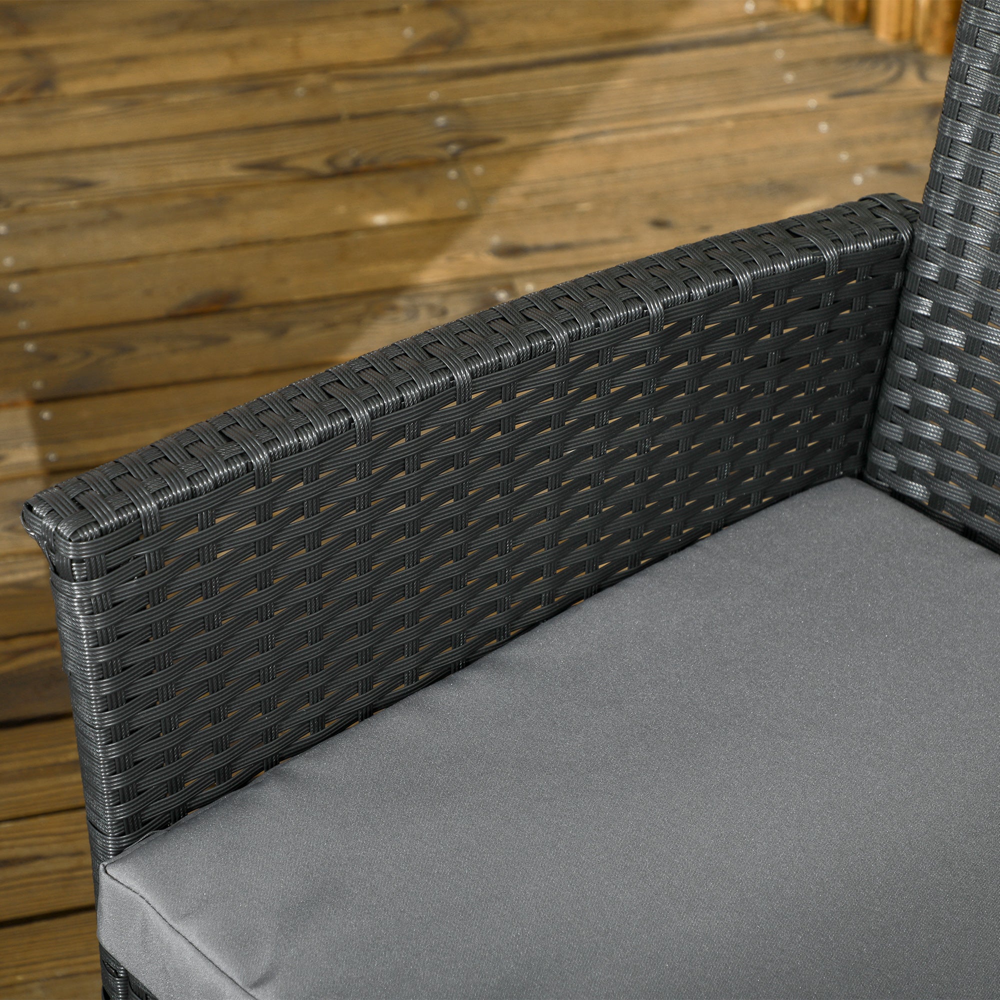 4-Piece Outdoor Rattan PE Lounge Set, Garden Lounge with 2-Seater Sofa, 2 Armchairs with Cushions and Glass Coffee Table, Black and Gray