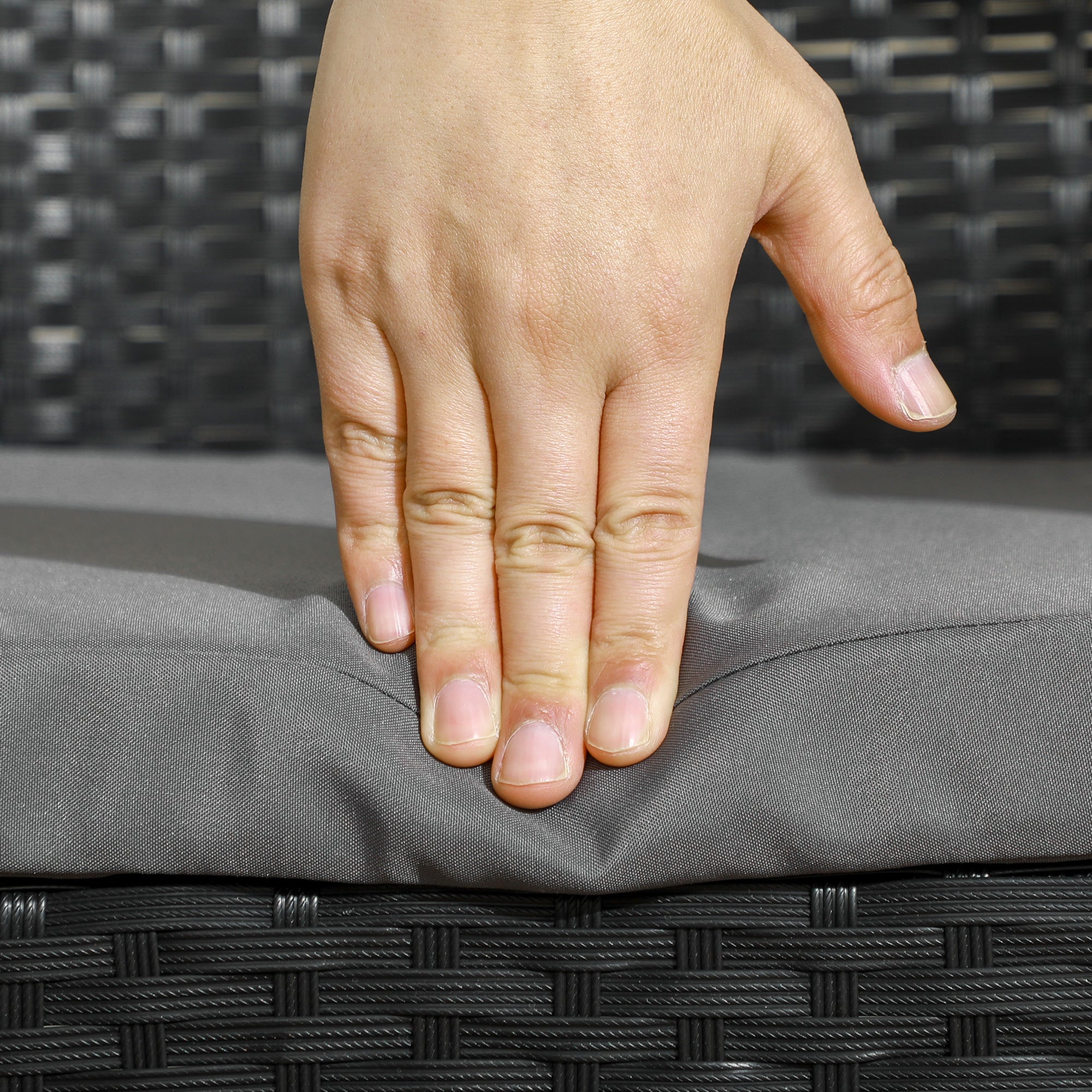 4-Piece Outdoor Rattan PE Lounge Set, Garden Lounge with 2-Seater Sofa, 2 Armchairs with Cushions and Glass Coffee Table, Black and Gray