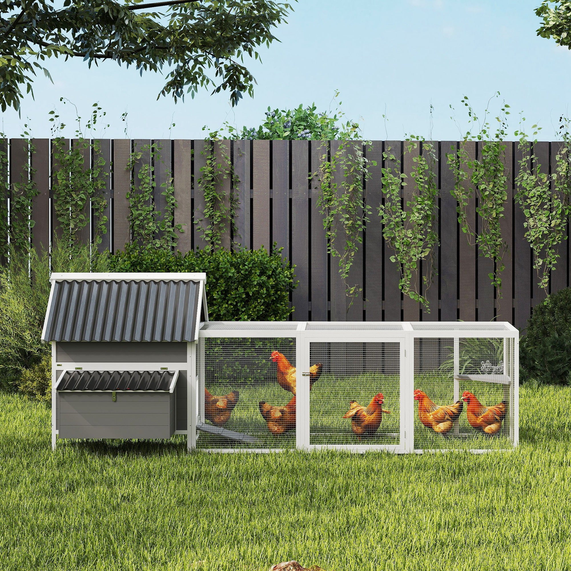 Wooden Chicken Coop with Run, 283 x 133.5 x 112 cm – For 7–10 Hens, 2 Nesting Boxes, Perches & Swing, Gray