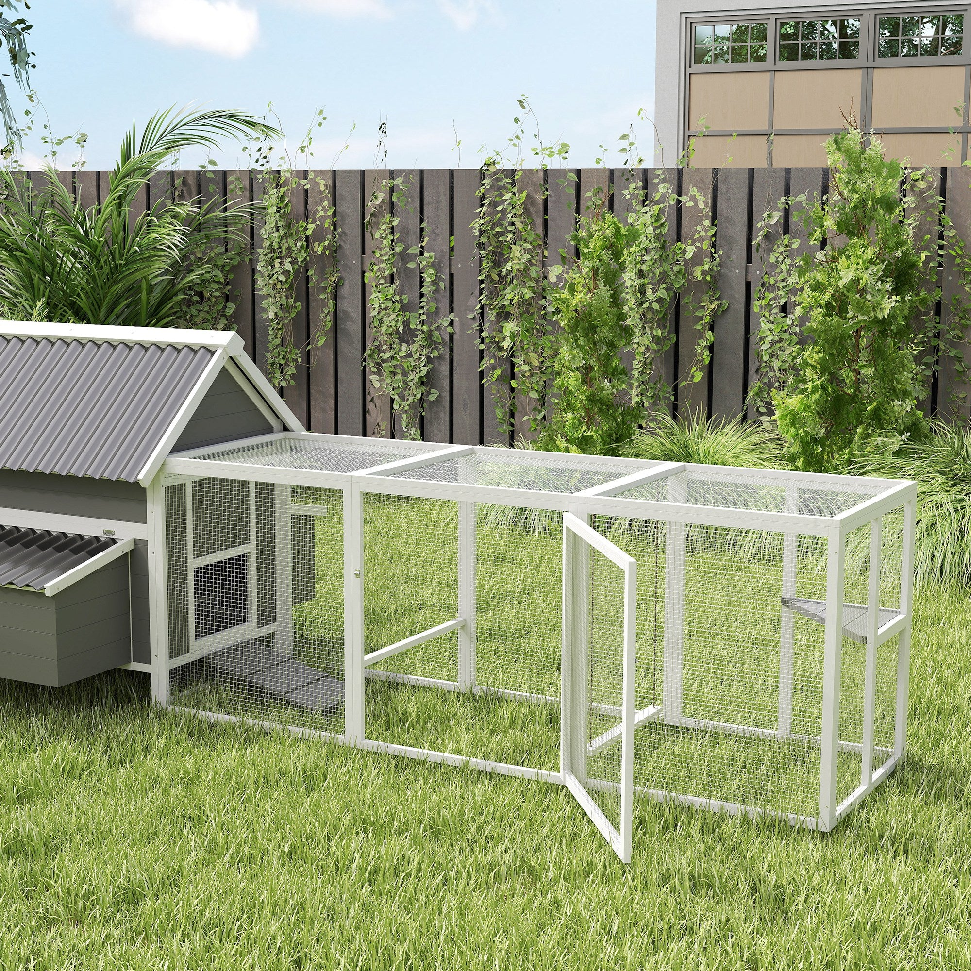 Wooden Chicken Coop with Run, 283 x 133.5 x 112 cm – For 7–10 Hens, 2 Nesting Boxes, Perches & Swing, Gray