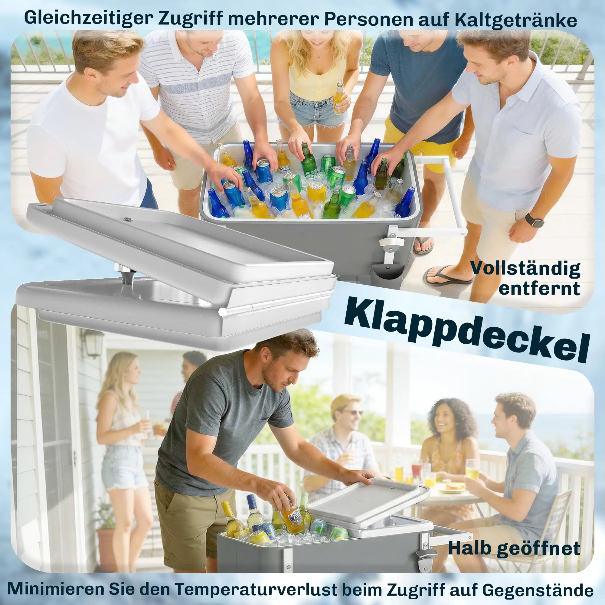 Glacière roulante Outsunny 56 L avec étagère, décapsuleur, récupérateur de capsules, bouchon de vidange et poignée — Pour terrasse, jardin et barbecues, 84 × 38 × 83 cm, gris
