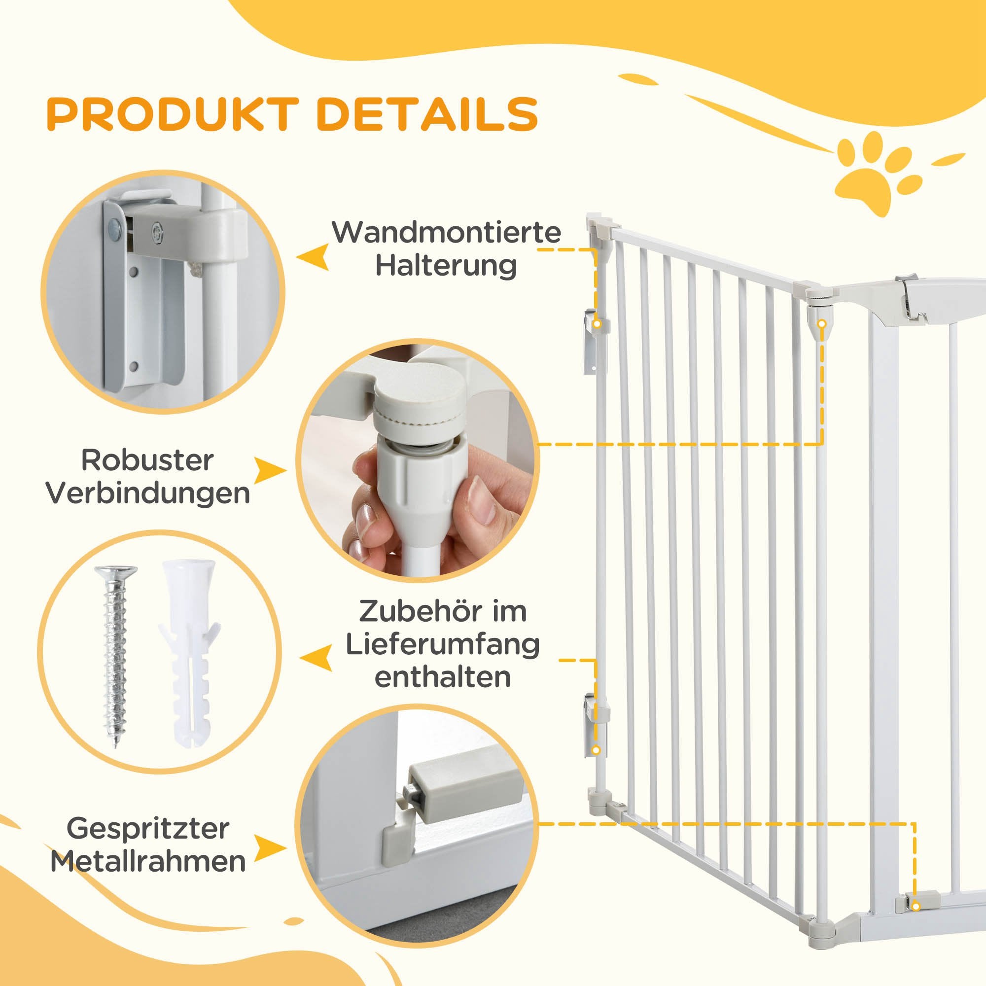 Dog Barrier Gate Protection Gate Dog Gate Door Protection Gate 3 Elements incl. Safety Door, Wall-Mounted Positioning for Fireplace & Oven, Metal White 180 x 3 x 74.5 cm