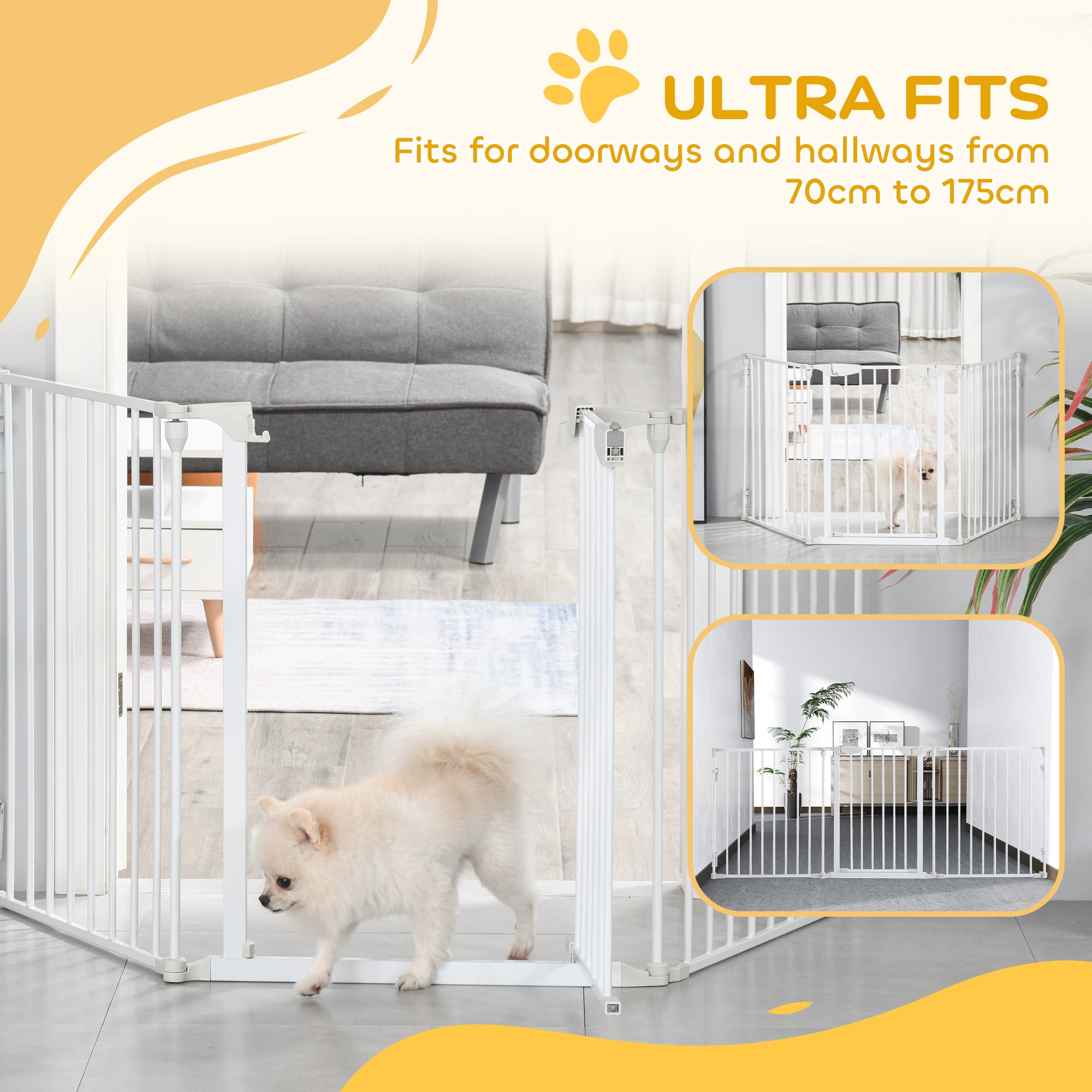 Dog Barrier Gate Protection Gate Dog Gate Door Protection Gate 3 Elements incl. Safety Door, Wall-Mounted Positioning for Fireplace & Oven, Metal White 180 x 3 x 74.5 cm