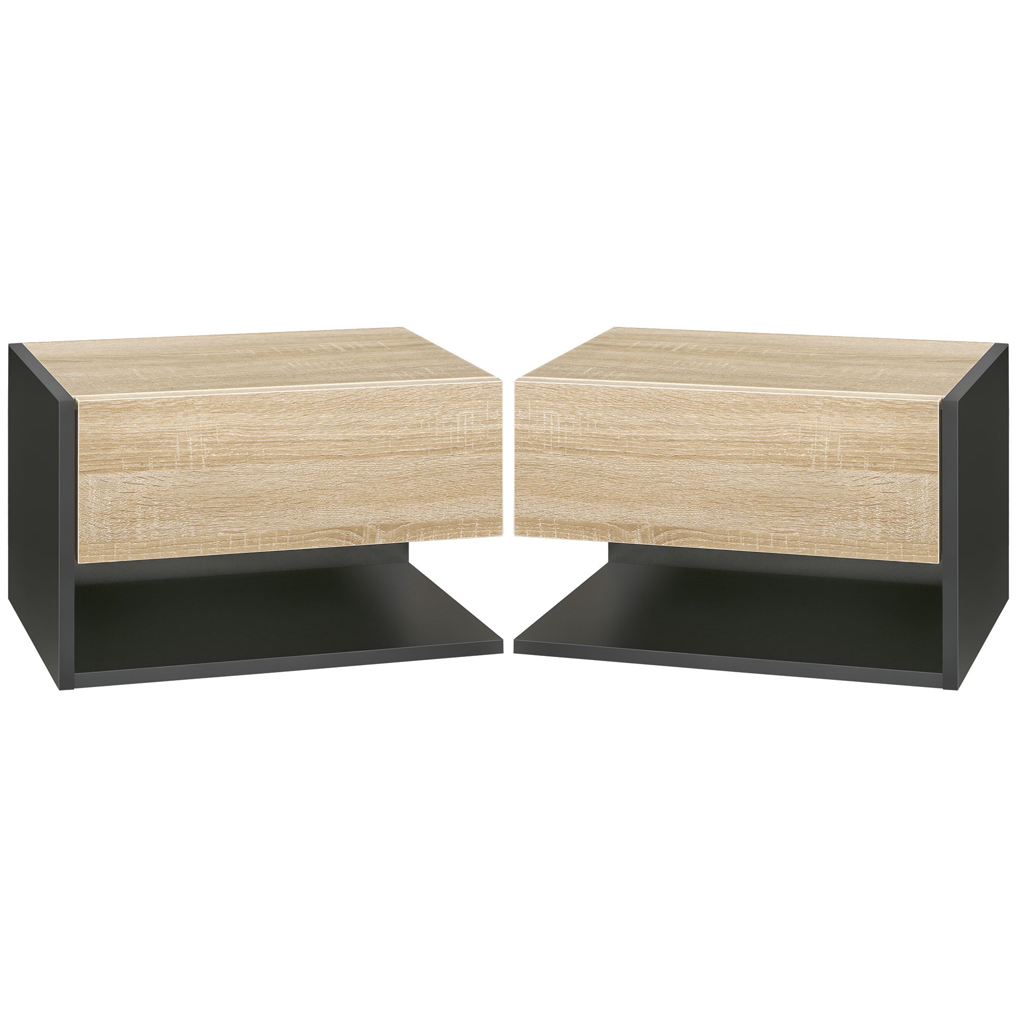 Set of 2 Floating Bedside Tables Hanging Bedside Tables with 1 Drawer and Open Shelf for Bedroom 46x30x30 cm Oak and Black