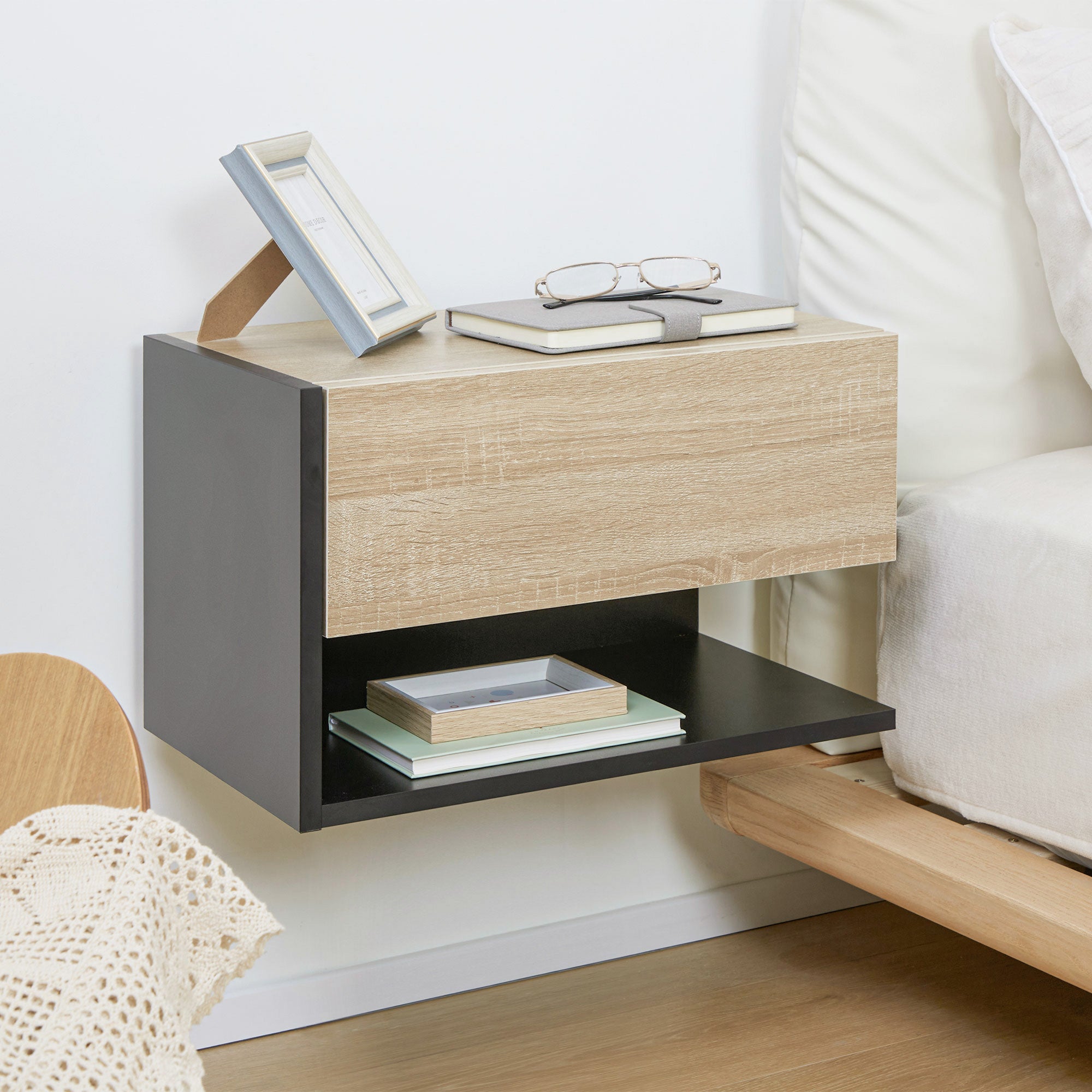 Set of 2 Floating Bedside Tables Hanging Bedside Tables with 1 Drawer and Open Shelf for Bedroom 46x30x30 cm Oak and Black