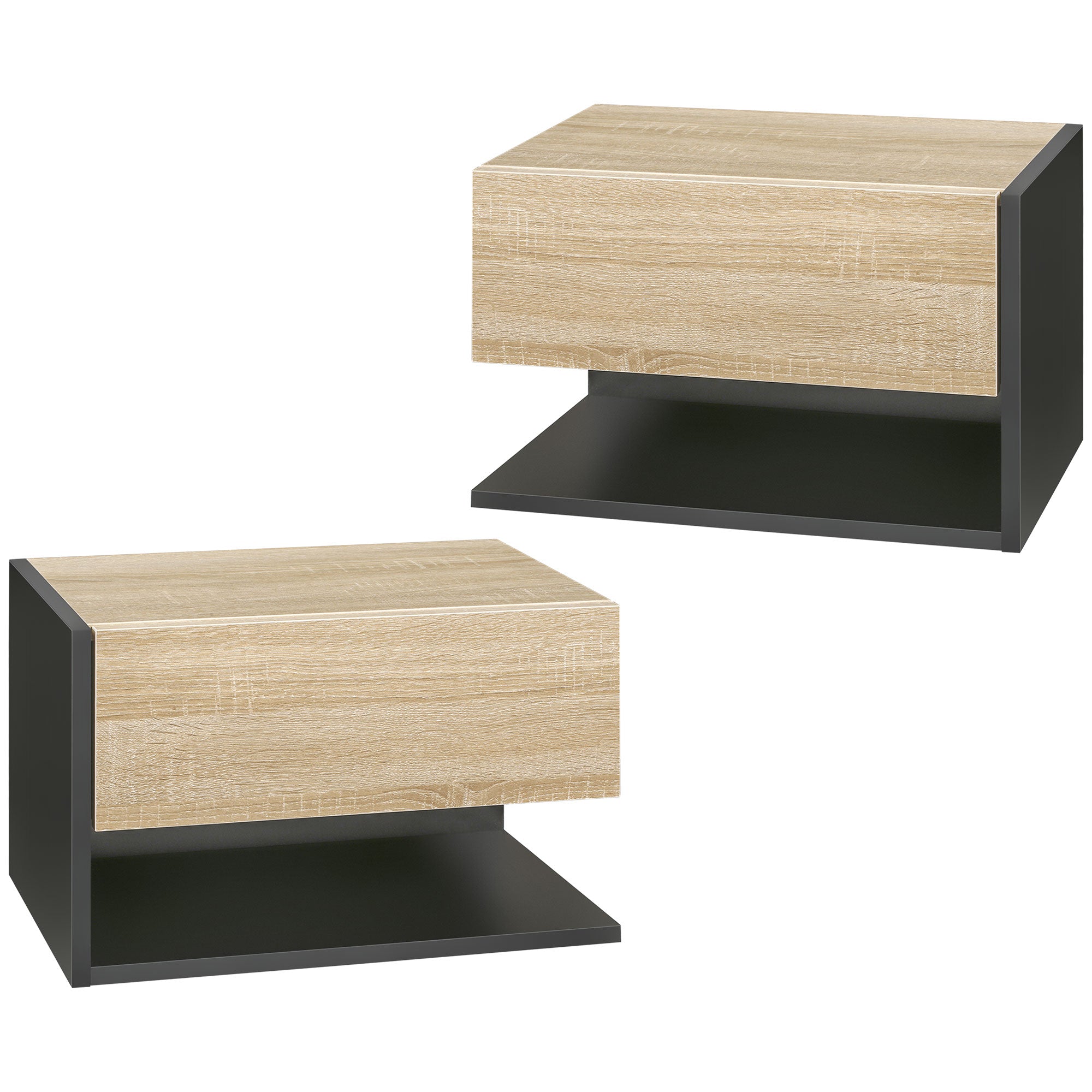 Set of 2 Floating Bedside Tables Hanging Bedside Tables with 1 Drawer and Open Shelf for Bedroom 46x30x30 cm Oak and Black